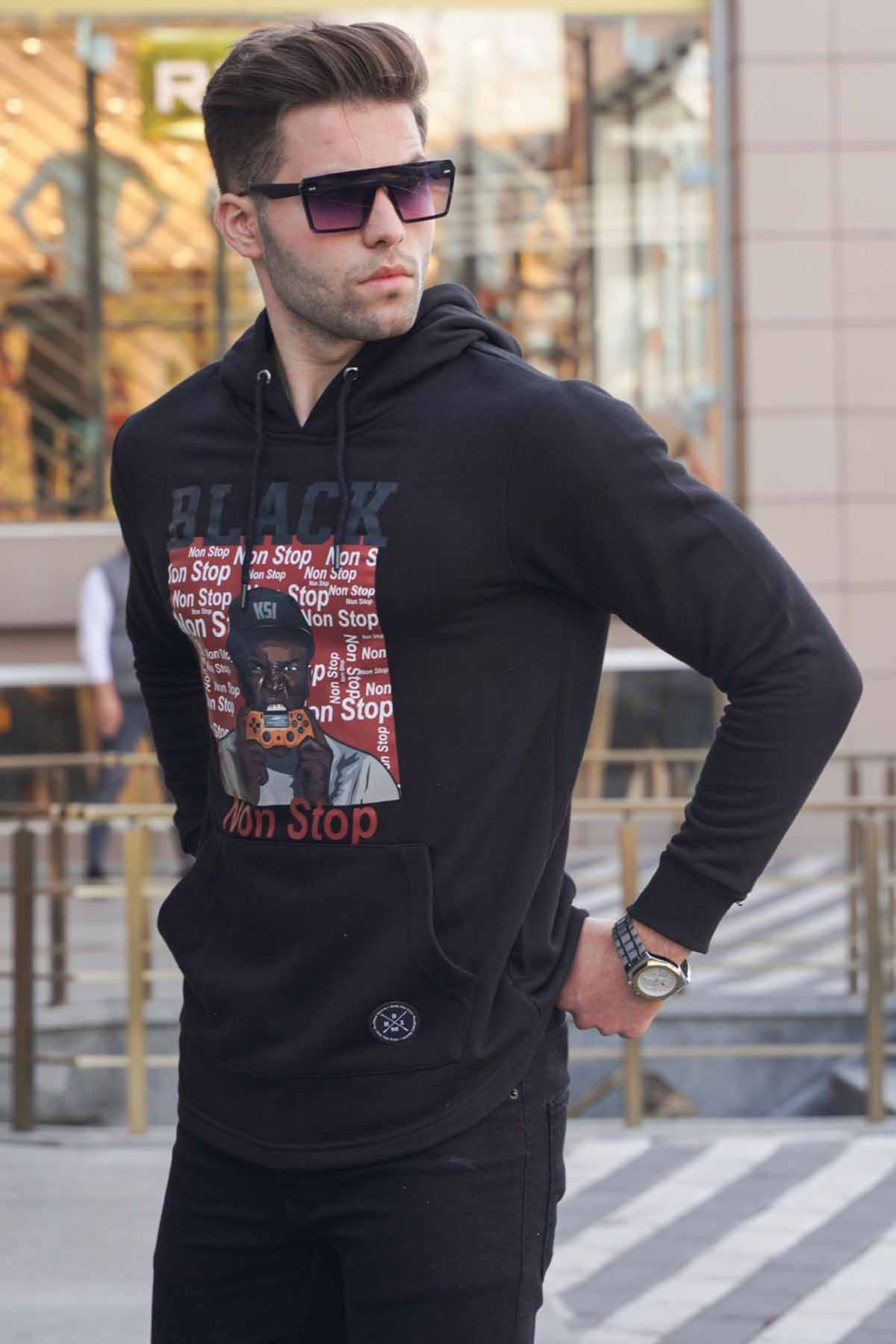 Kapşonlu Baskılı Sweatshirt Siyah 2779