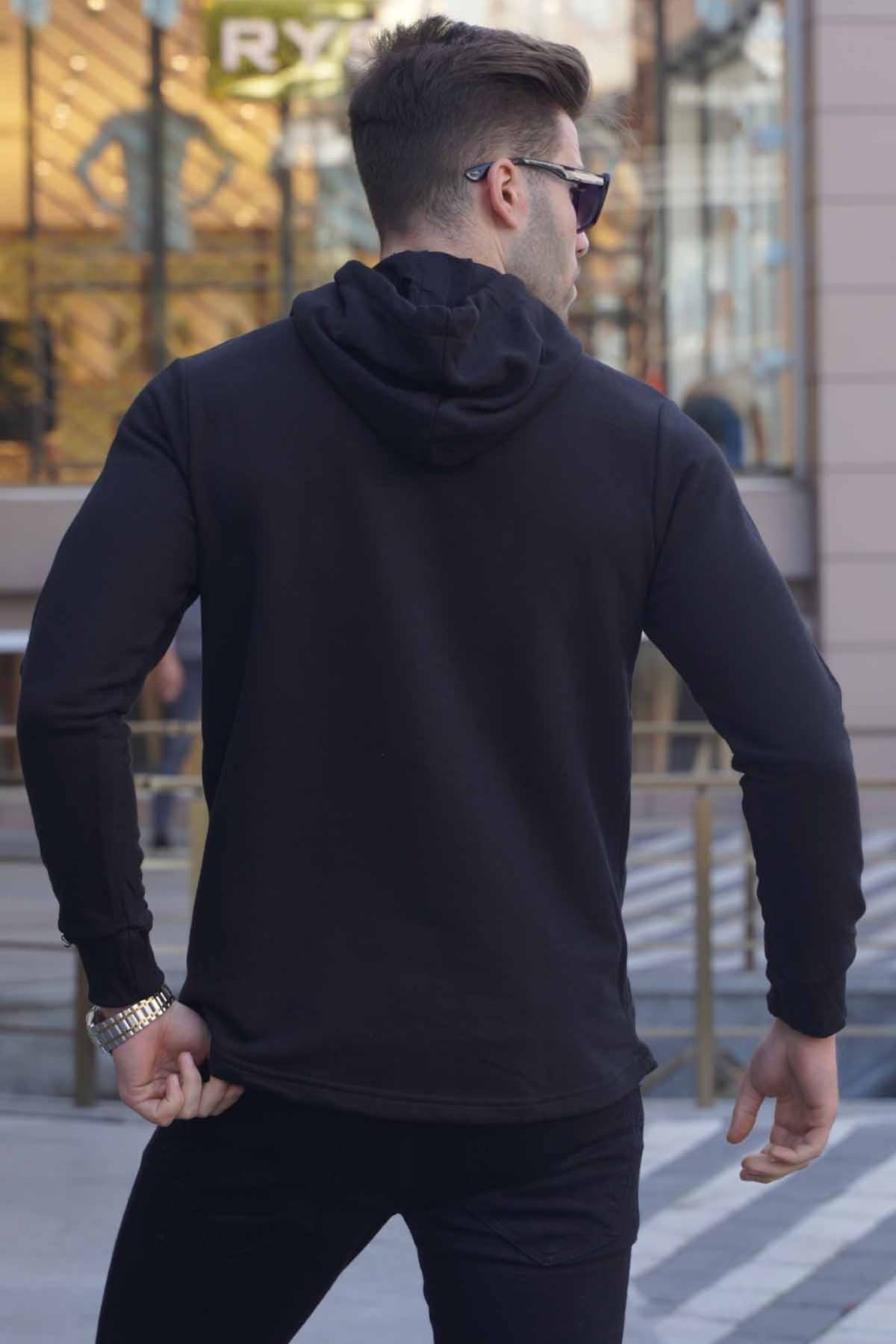 Kapşonlu Baskılı Sweatshirt Siyah 2779