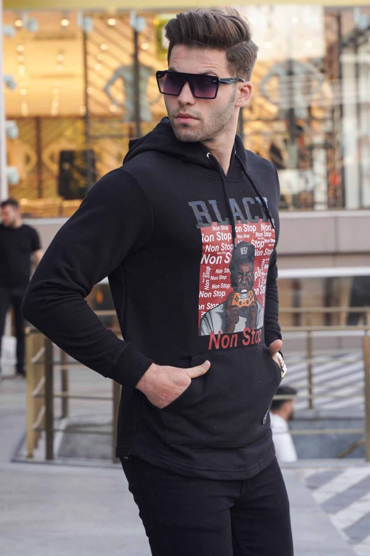 Kapşonlu Baskılı Sweatshirt Siyah 2779