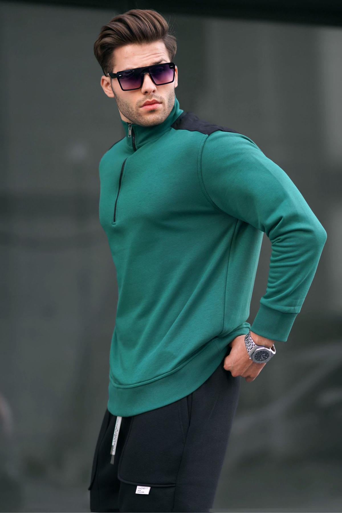 Koyu Yeşil Fermuar Yaka Basic Erkek Sweatshirt 6157