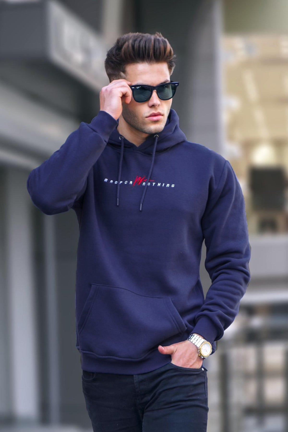 Navy Blue Basic Hoodie Sweatshirt 6002