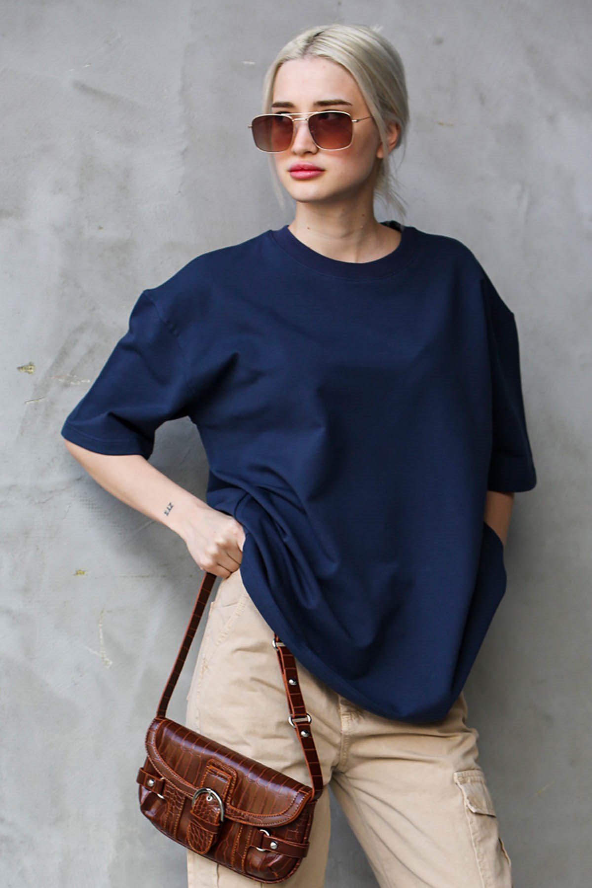Lacivert Bisiklet Yaka Basic Oversize T-shirt MG1687