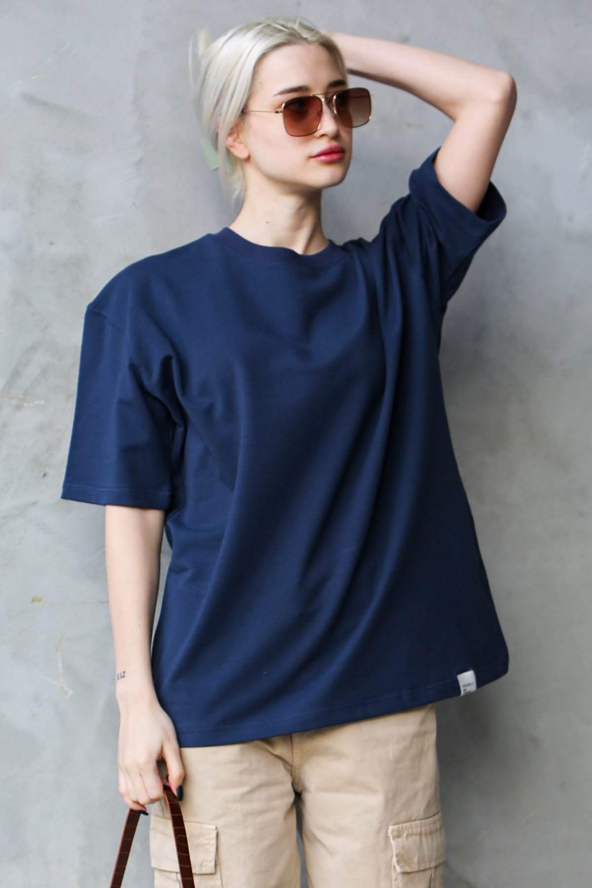 Lacivert Bisiklet Yaka Basic Oversize T-shirt MG1687