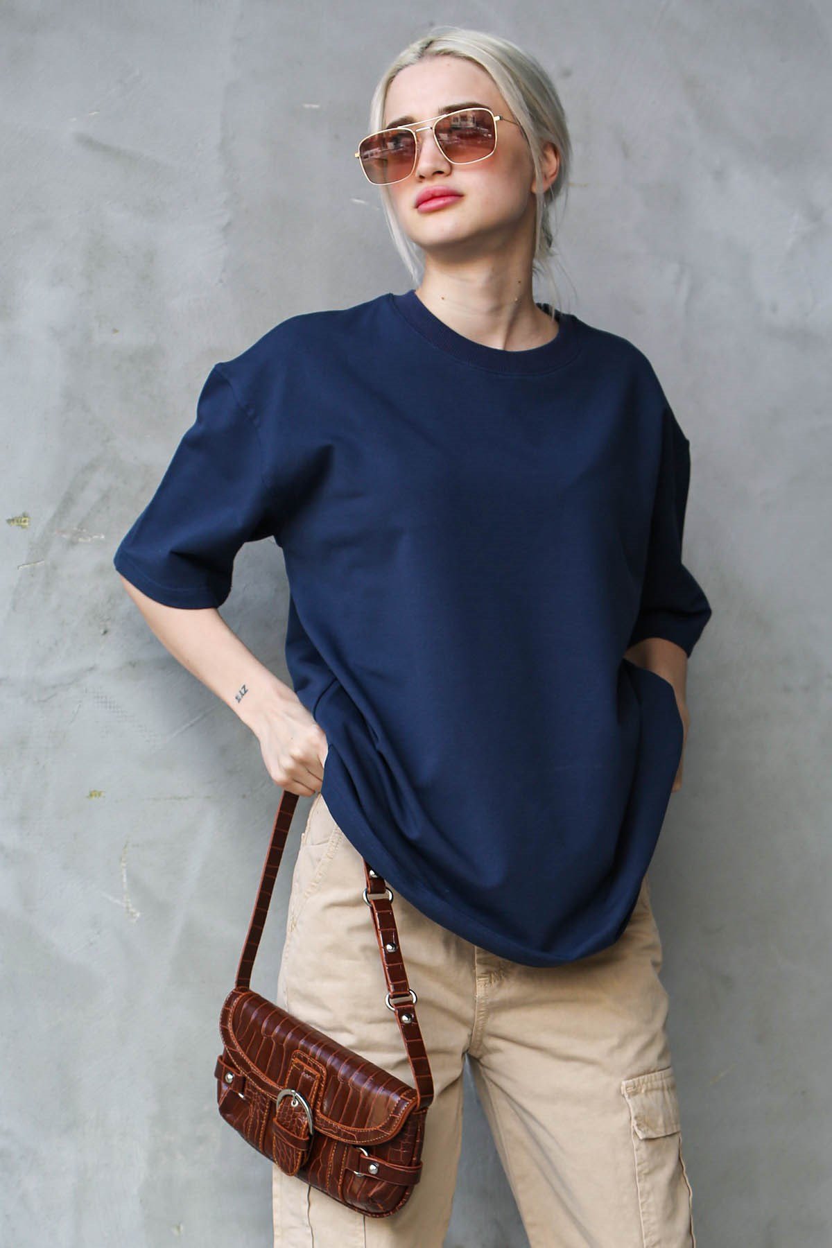 Lacivert Bisiklet Yaka Basic Oversize T-shirt MG1687
