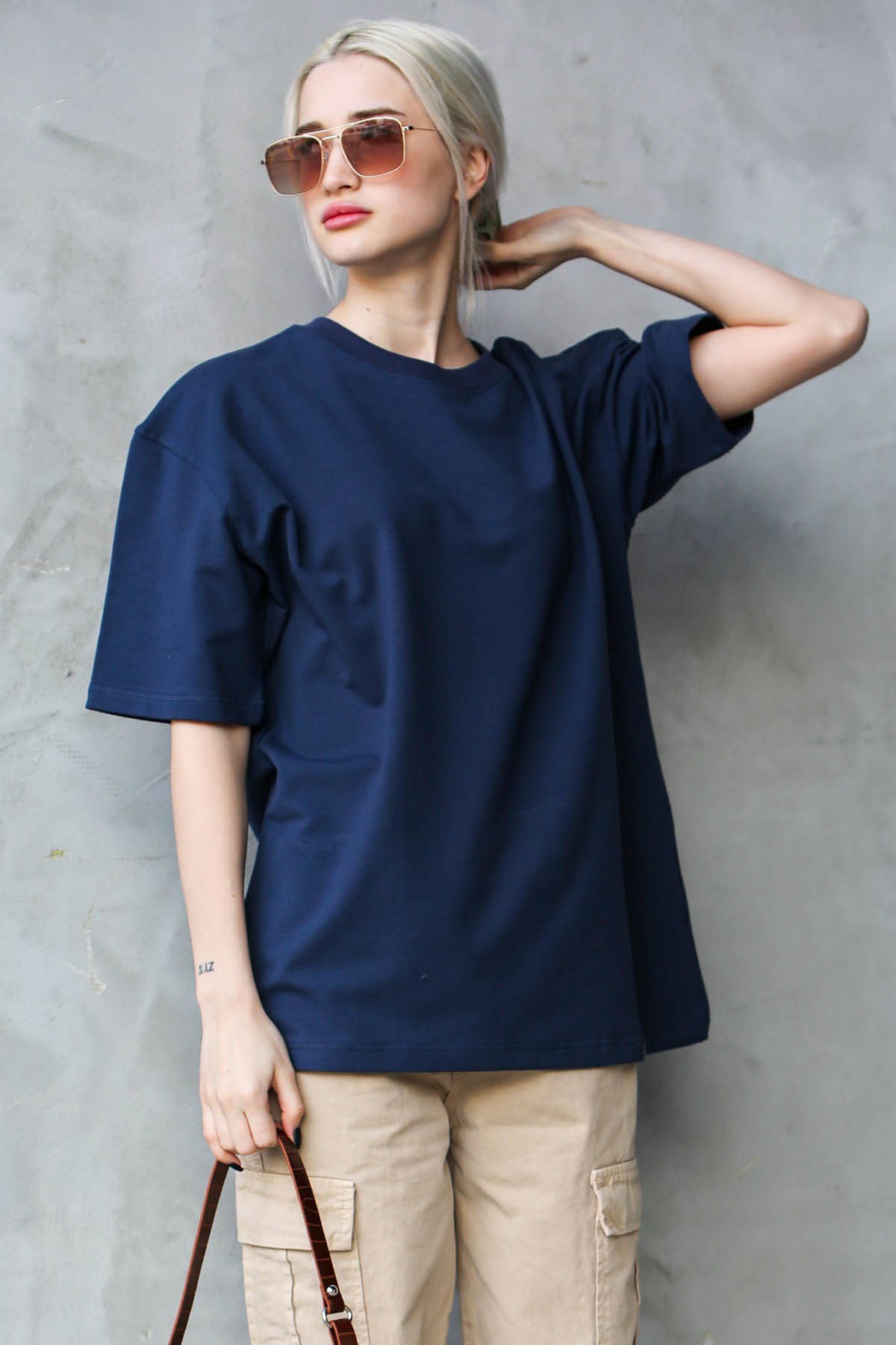 Lacivert Bisiklet Yaka Basic Oversize T-shirt MG1687