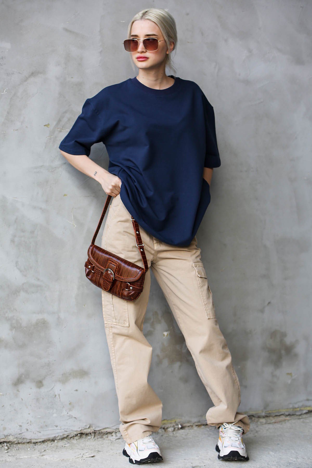 Lacivert Bisiklet Yaka Basic Oversize T-shirt MG1687