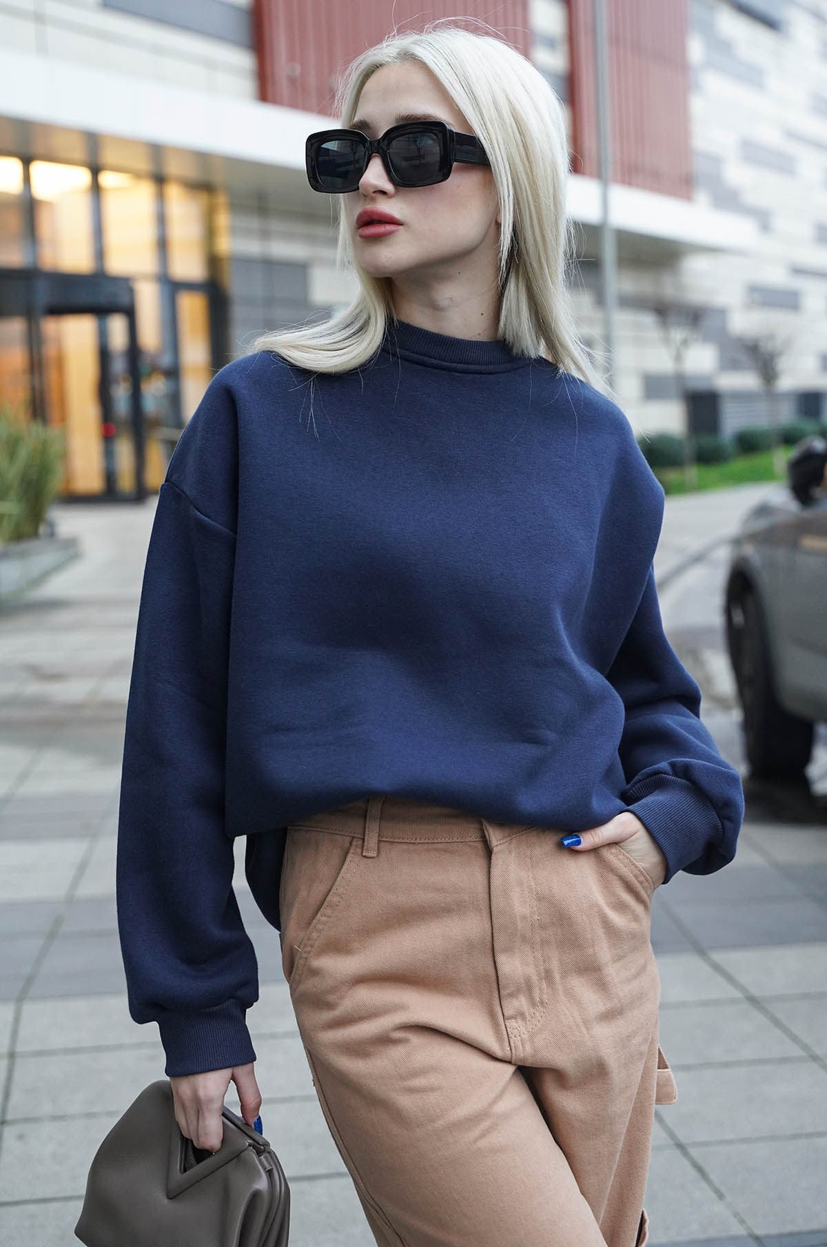 Lacivert Bisiklet Yaka Basic Sweatshirt MG1559