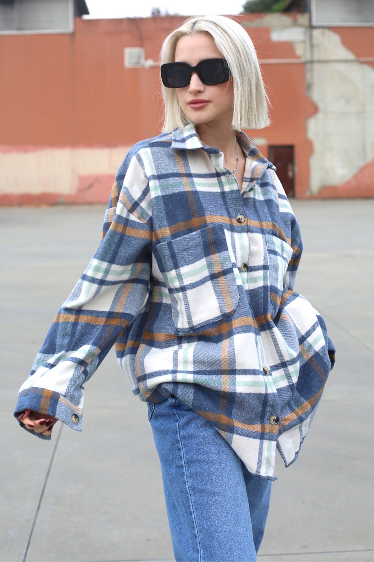 Lacivert Oversize Kadın Oduncu Gömlek MG1589