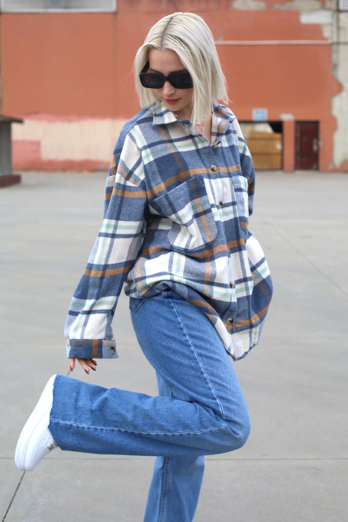 Lacivert Oversize Kadın Oduncu Gömlek MG1589