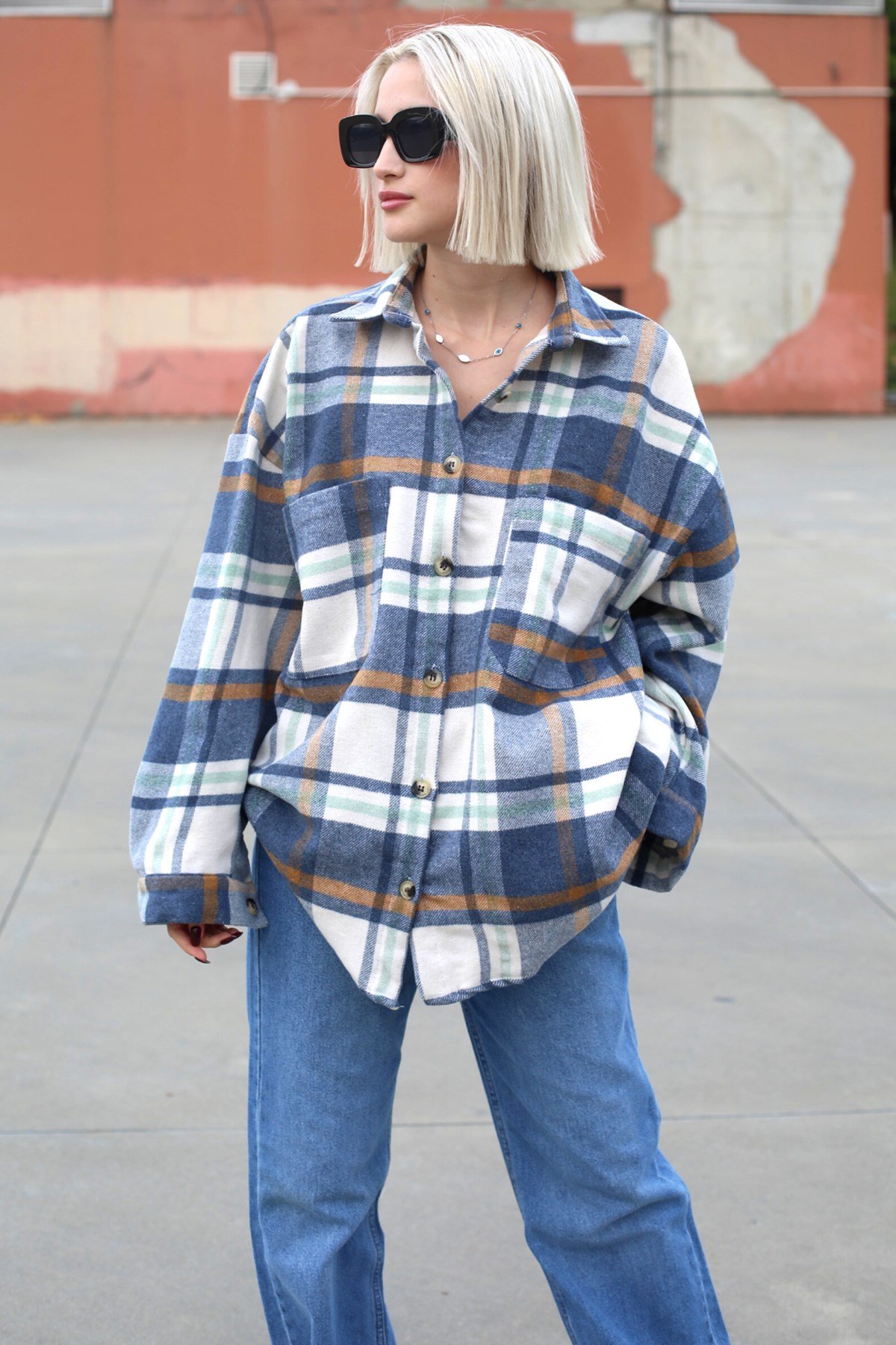 Lacivert Oversize Kadın Oduncu Gömlek MG1589