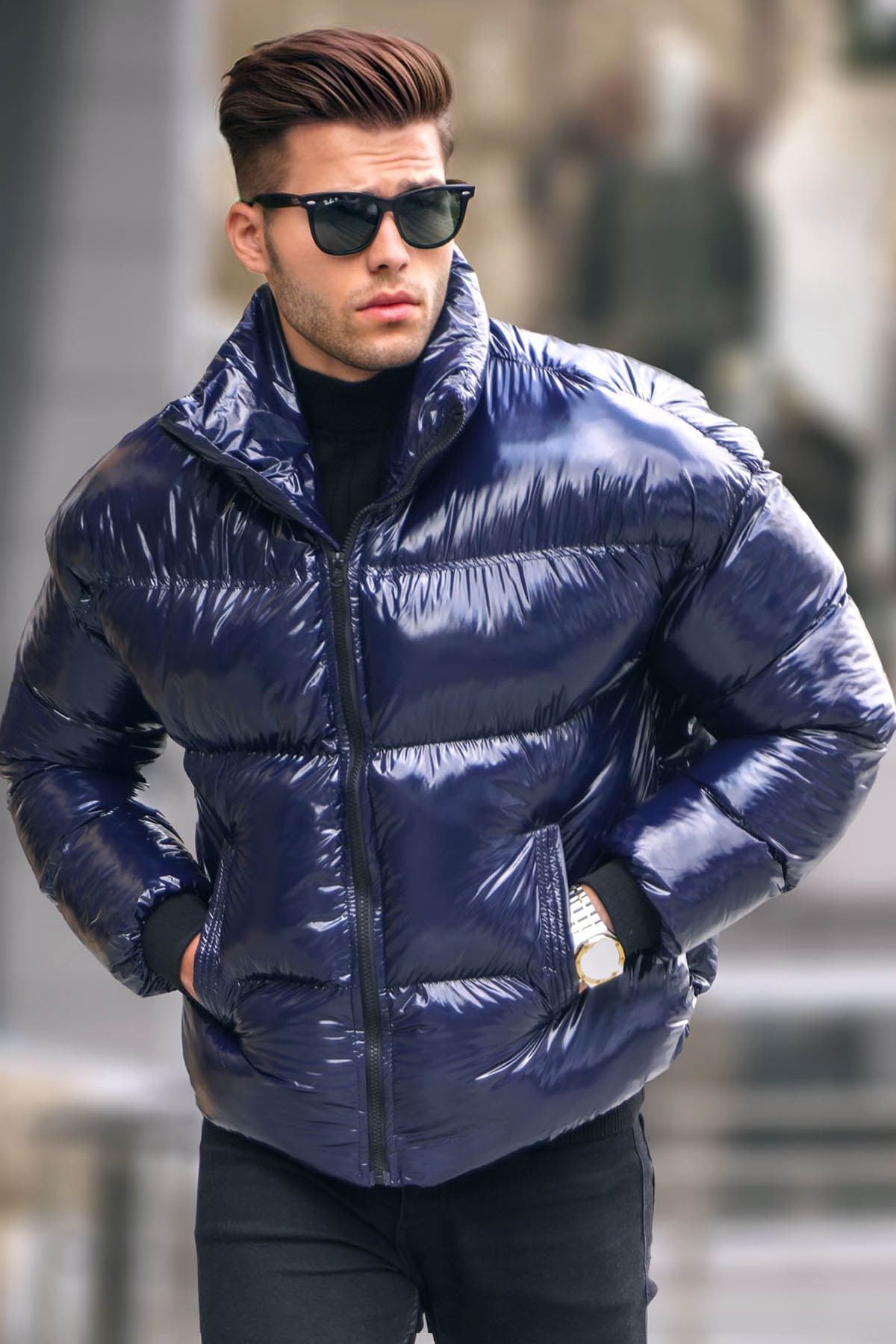 Lacivert Parlak Basic Şişme Mont 5993