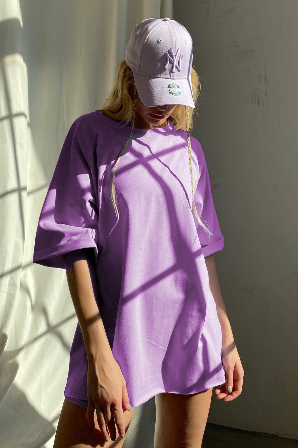 Lila Oversize Basic Kadın Tişört