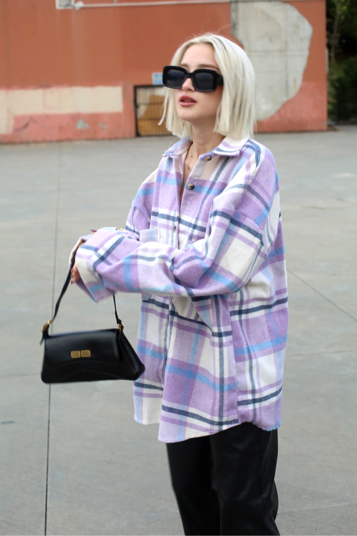 Lila Oversize Kadın Oduncu Gömlek MG1589