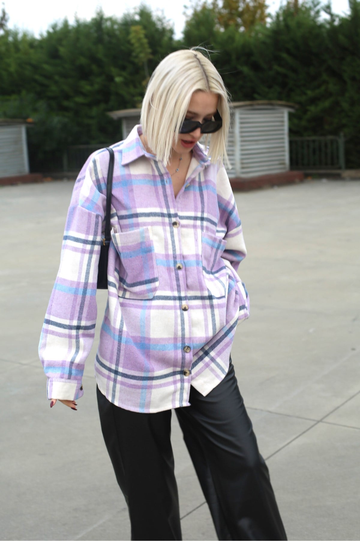 Lila Oversize Kadın Oduncu Gömlek MG1589