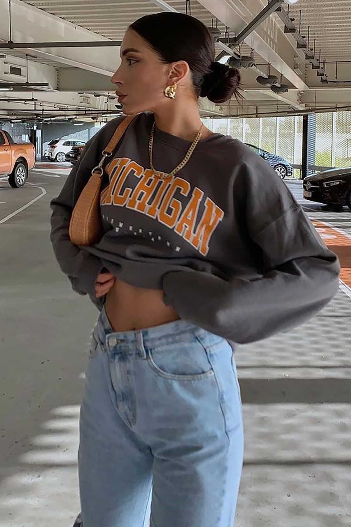 Mad Girls Anthracite Printed Women Sweatshirt  MG785