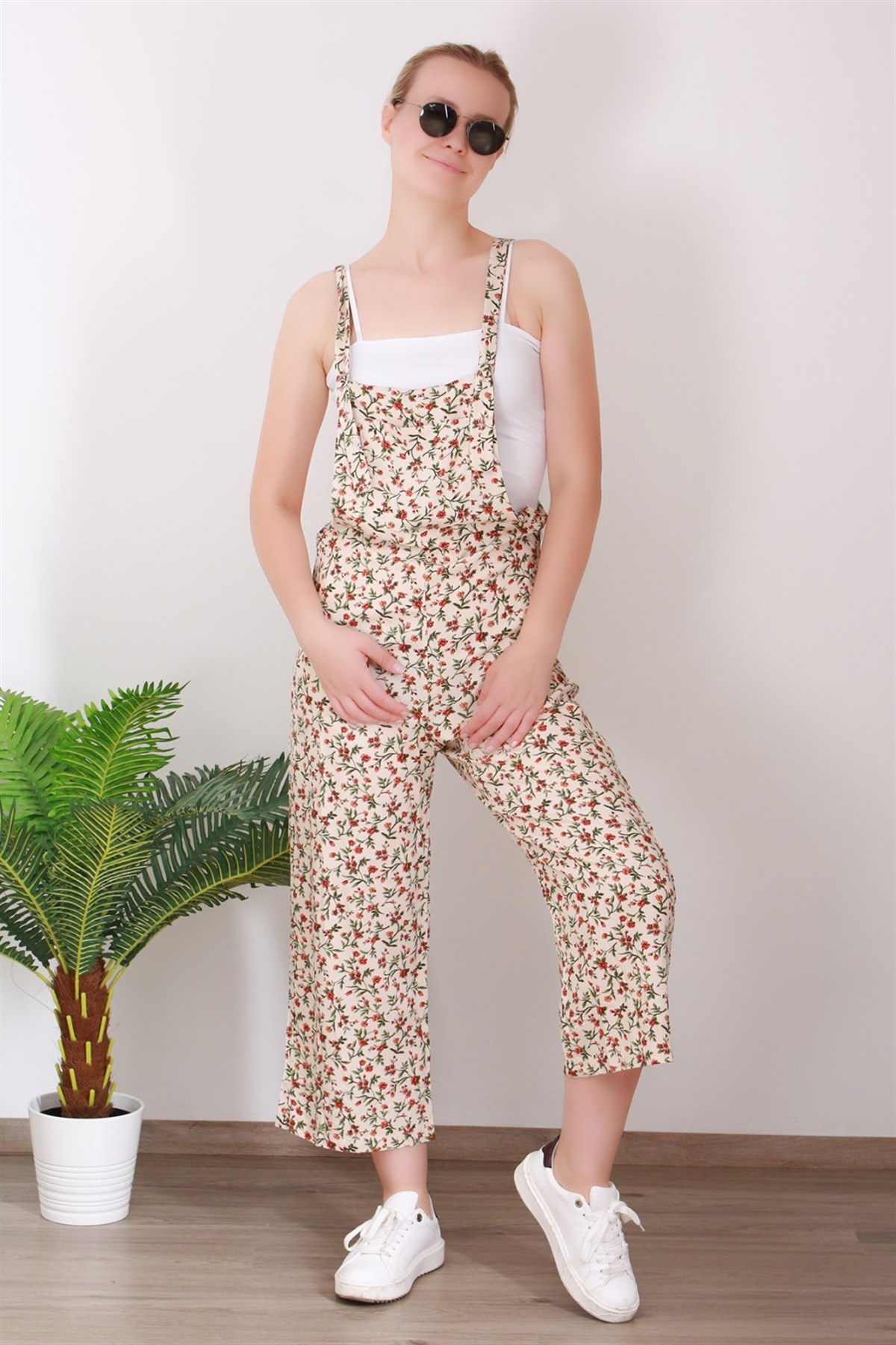 Mad Girls Beige Floral Overalls MG604