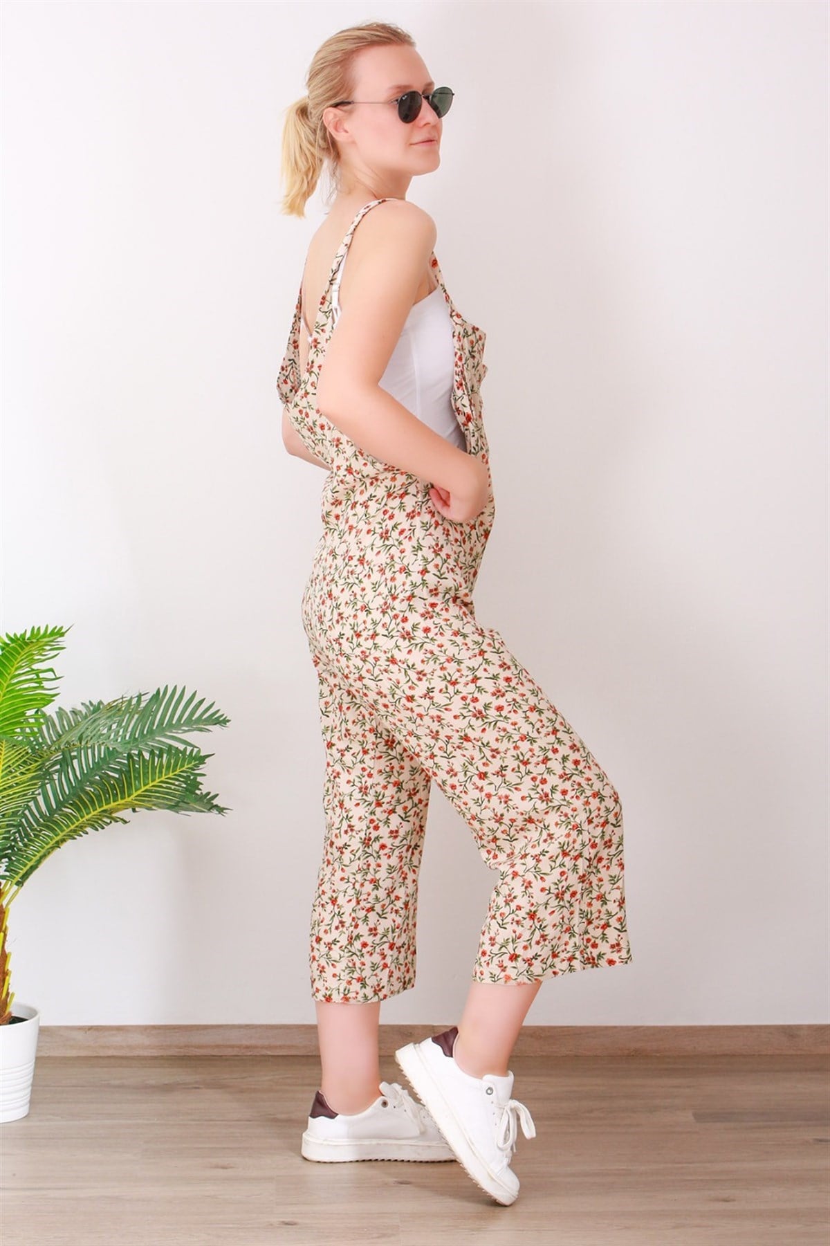 Mad Girls Beige Floral Overalls MG604