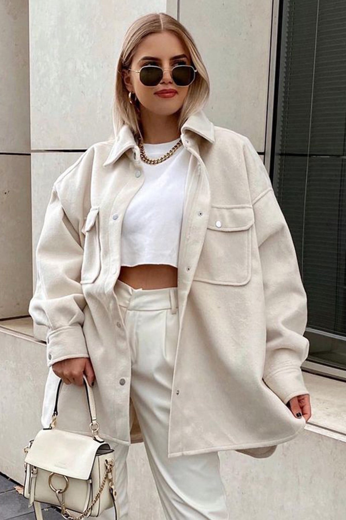 Mad Girls Ekru Over Size Yün Gömlek Ceket Mg1199