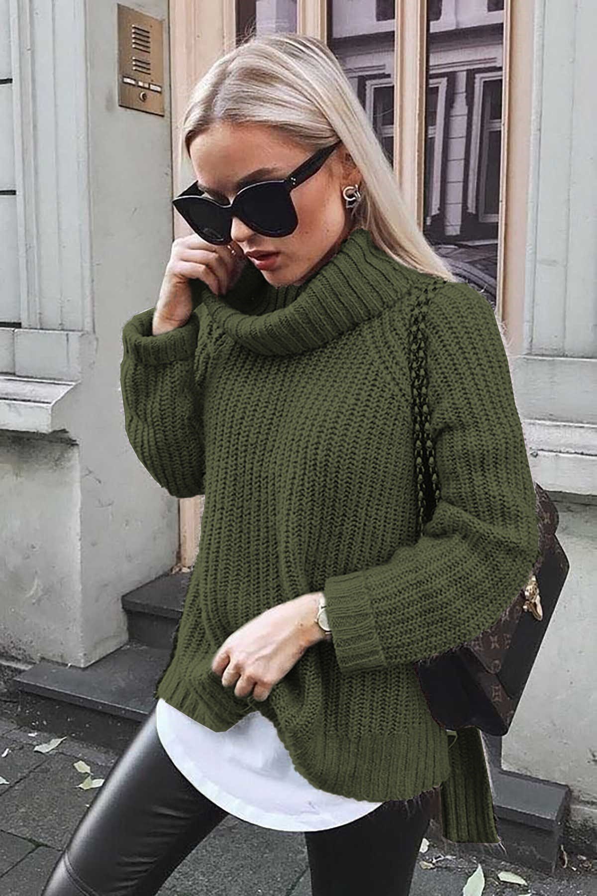 Mad Girls Haki Oversize Yırtmaçlı Kadın Kazak MG760