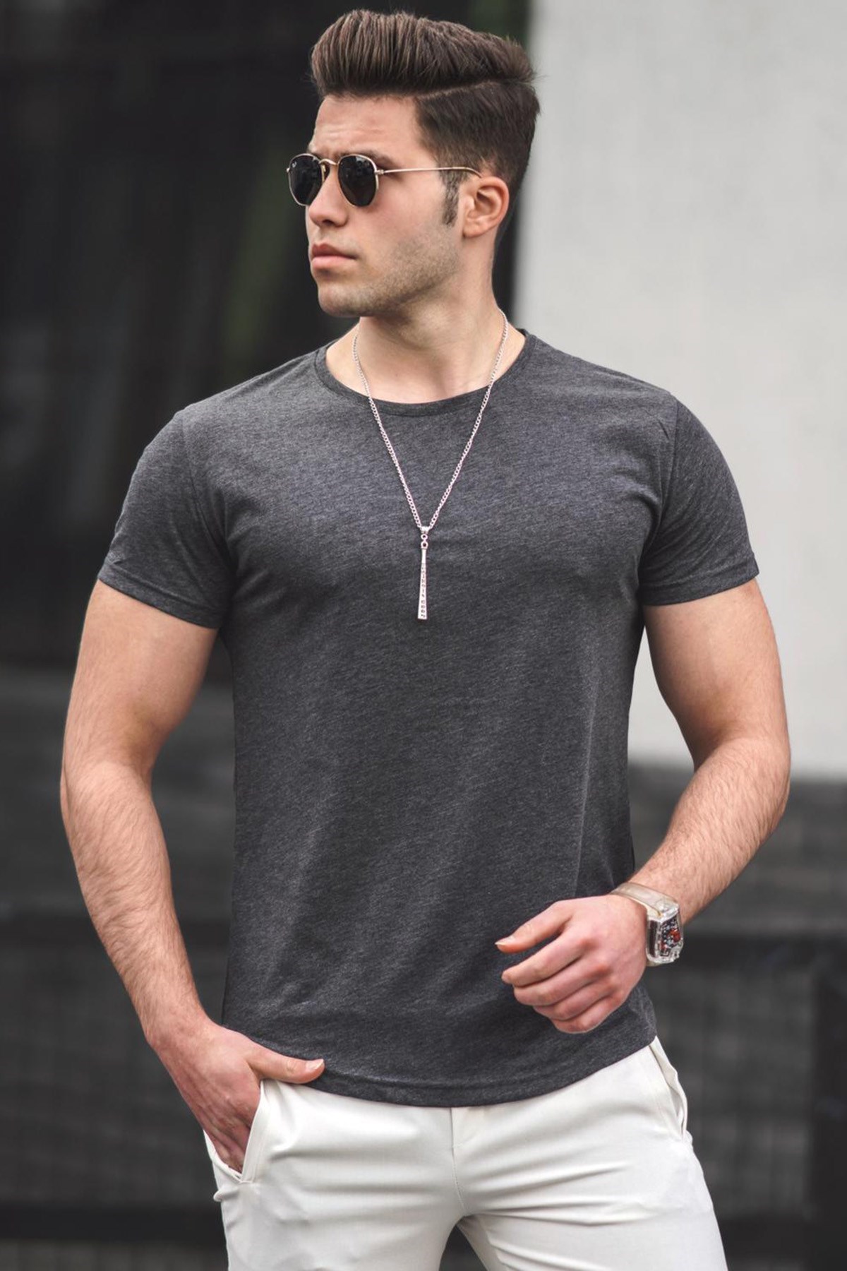 Madmext Antrasit Basic Erkek Tişört 4055