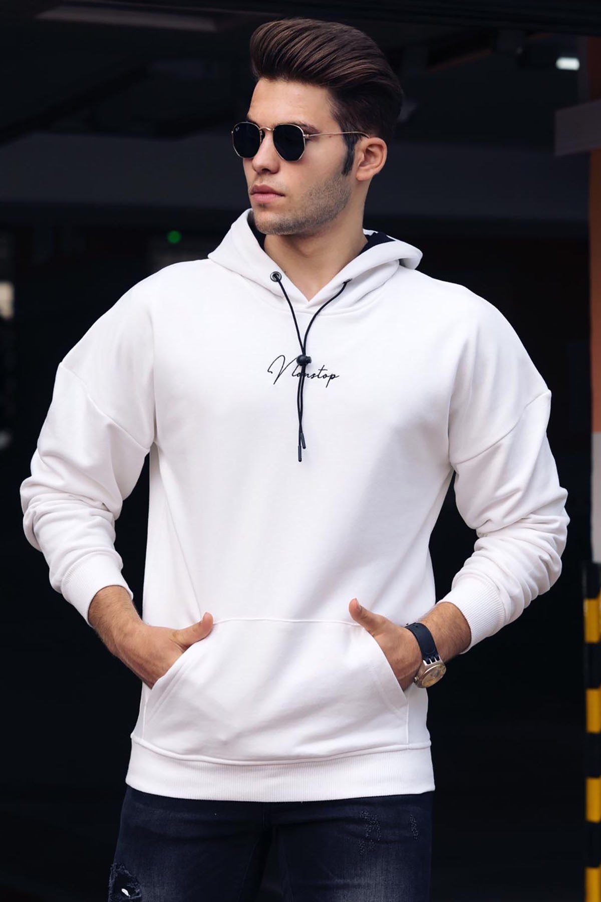 Madmext Basic White Men Hooded Sweatshirt 4767