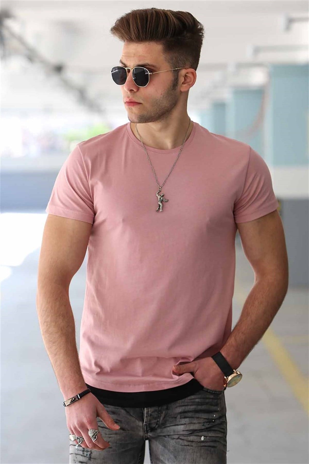 Madmext Powder Pink Colour T-shirt for Men 4465
