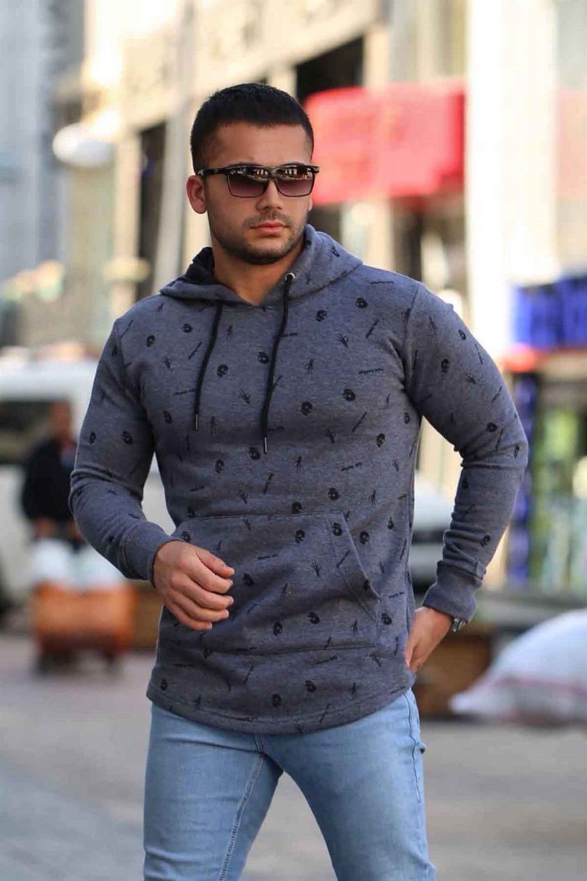 Madmext Baskı Detaylı Antrasit Kapşonlu Sweatshirt 2758