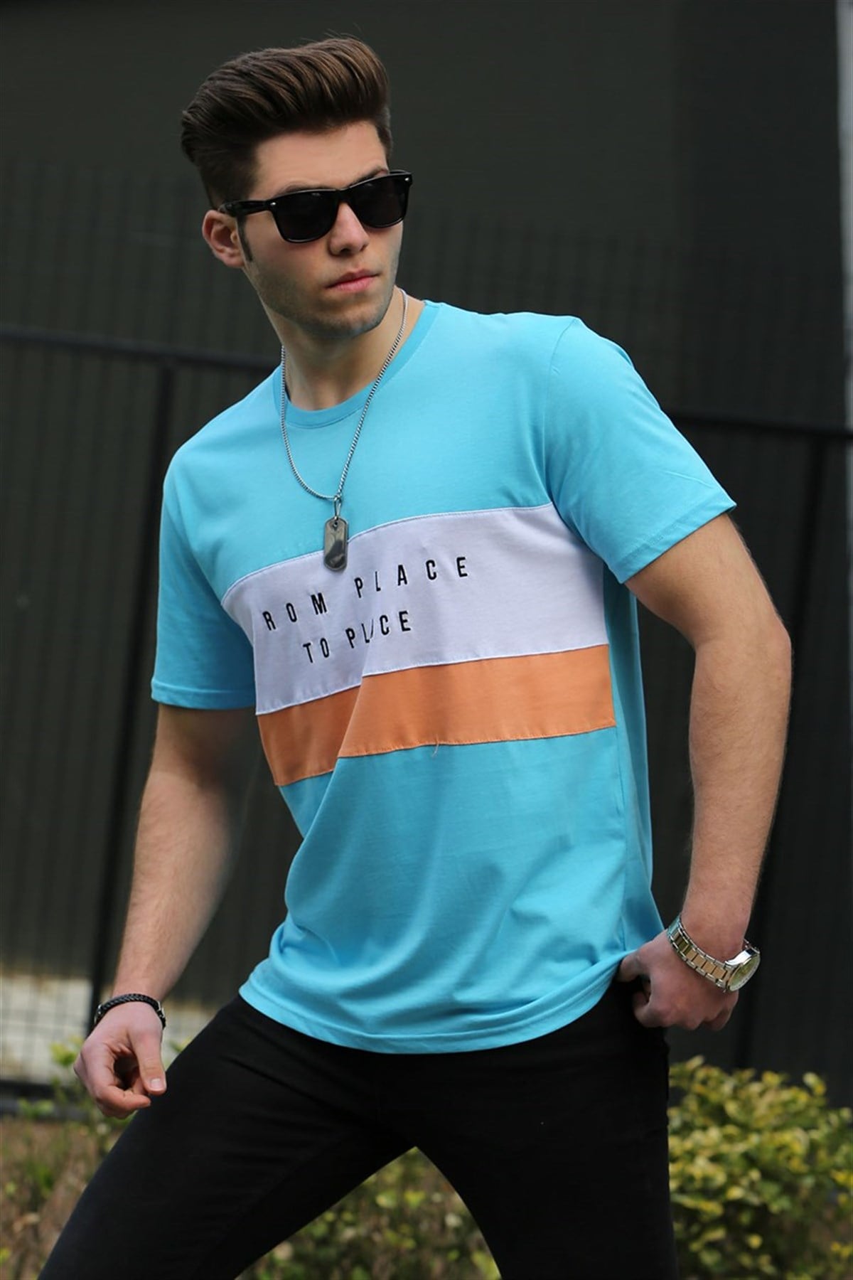 Madmext Turquoise Printed T-shirt for Men 4499