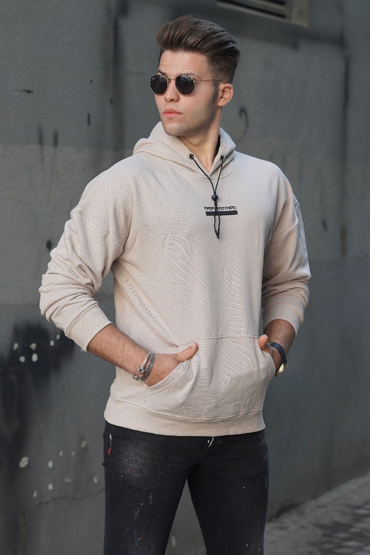 Madmext Bej Baskılı Kapüşonlu Sweatshirt 4722