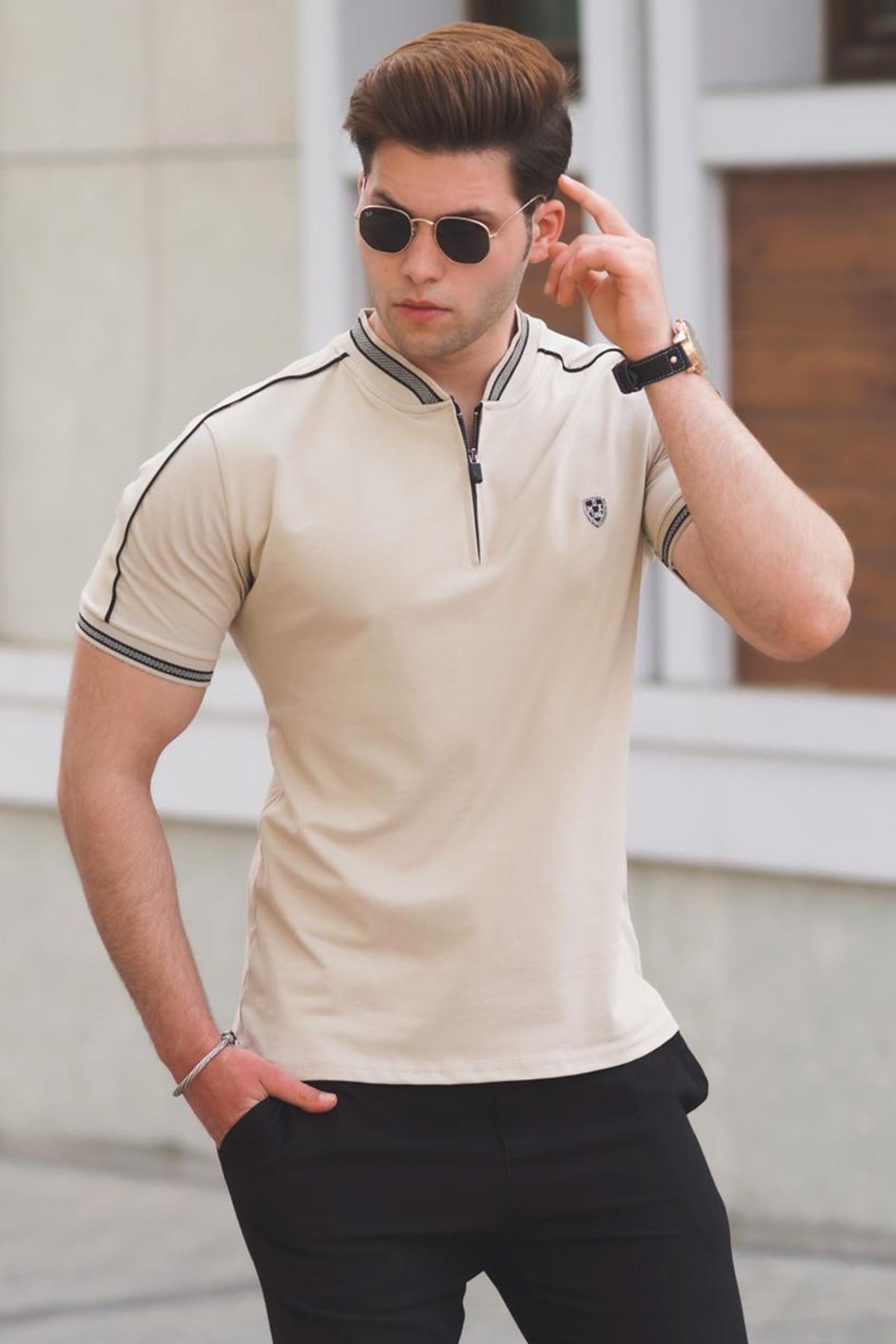 Madmext Bej Polo Yaka Erkek Tişört 9281