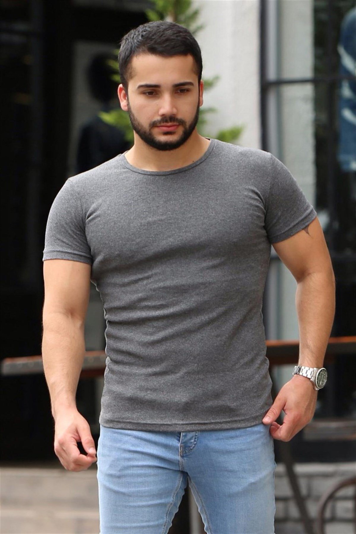 Madmext Dark Grey Basic T-shirt for Men 4077
