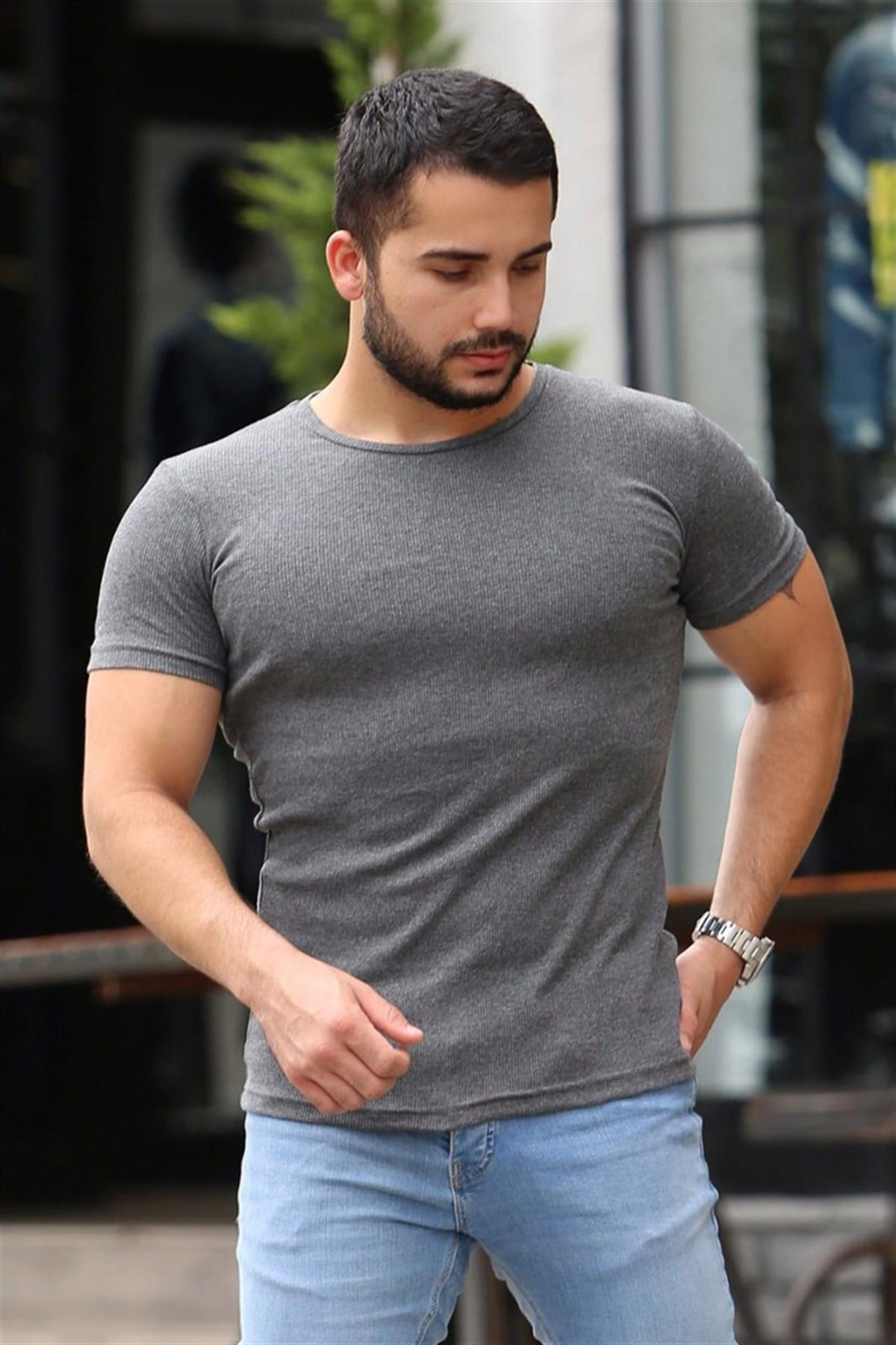 Madmext Dark Grey Basic T-shirt for Men 4077