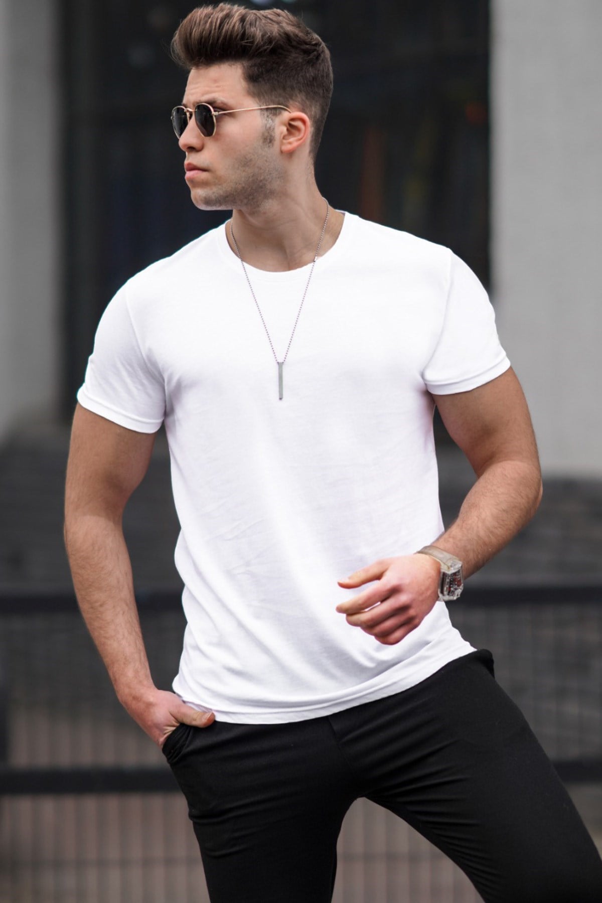 Madmext Bisiklet Yaka Basic Tişört Beyaz 3006