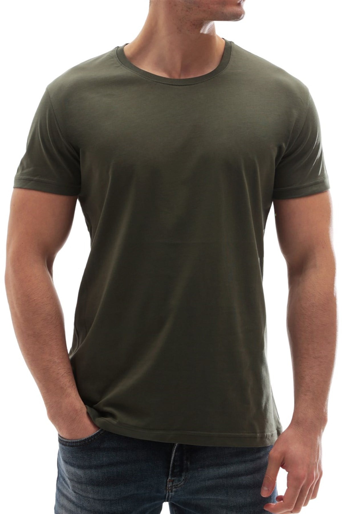 Madmext Bisiklet Yaka Basic Tişört Haki 3006