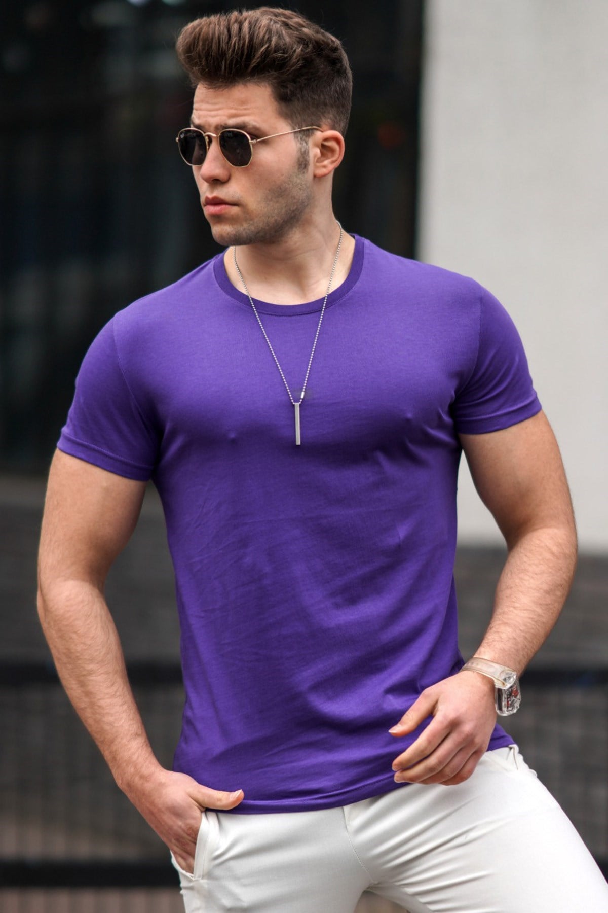 Madmext Bisiklet Yaka Basic Tişört Mor 3006