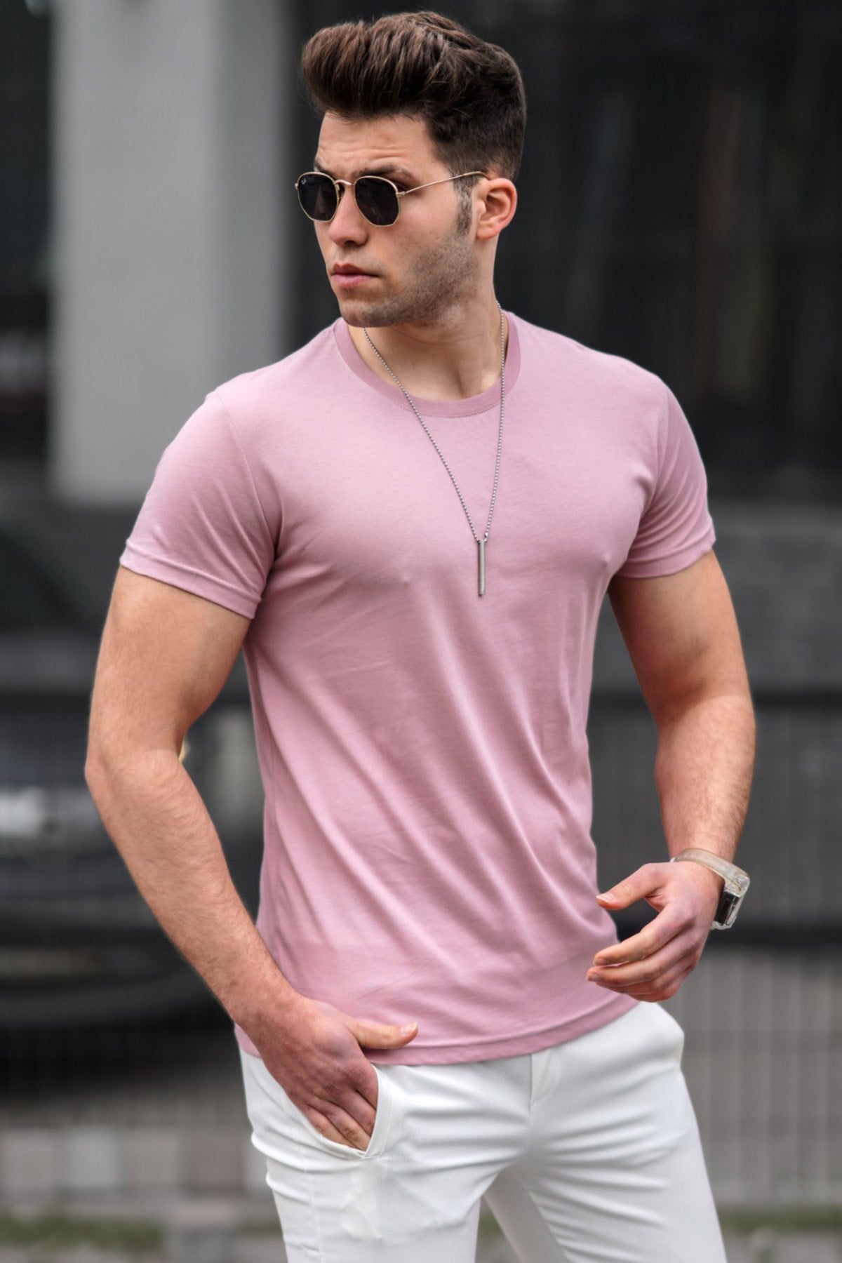 Madmext Bisiklet Yaka Basic Tişört Pembe 3006