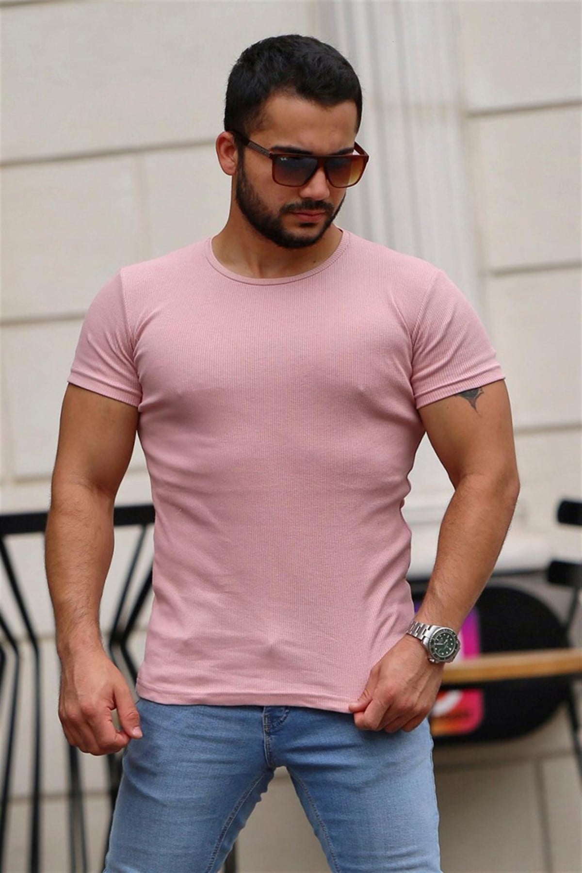 Madmext Bisiklet Yaka Pudra Basici Tişört 4077