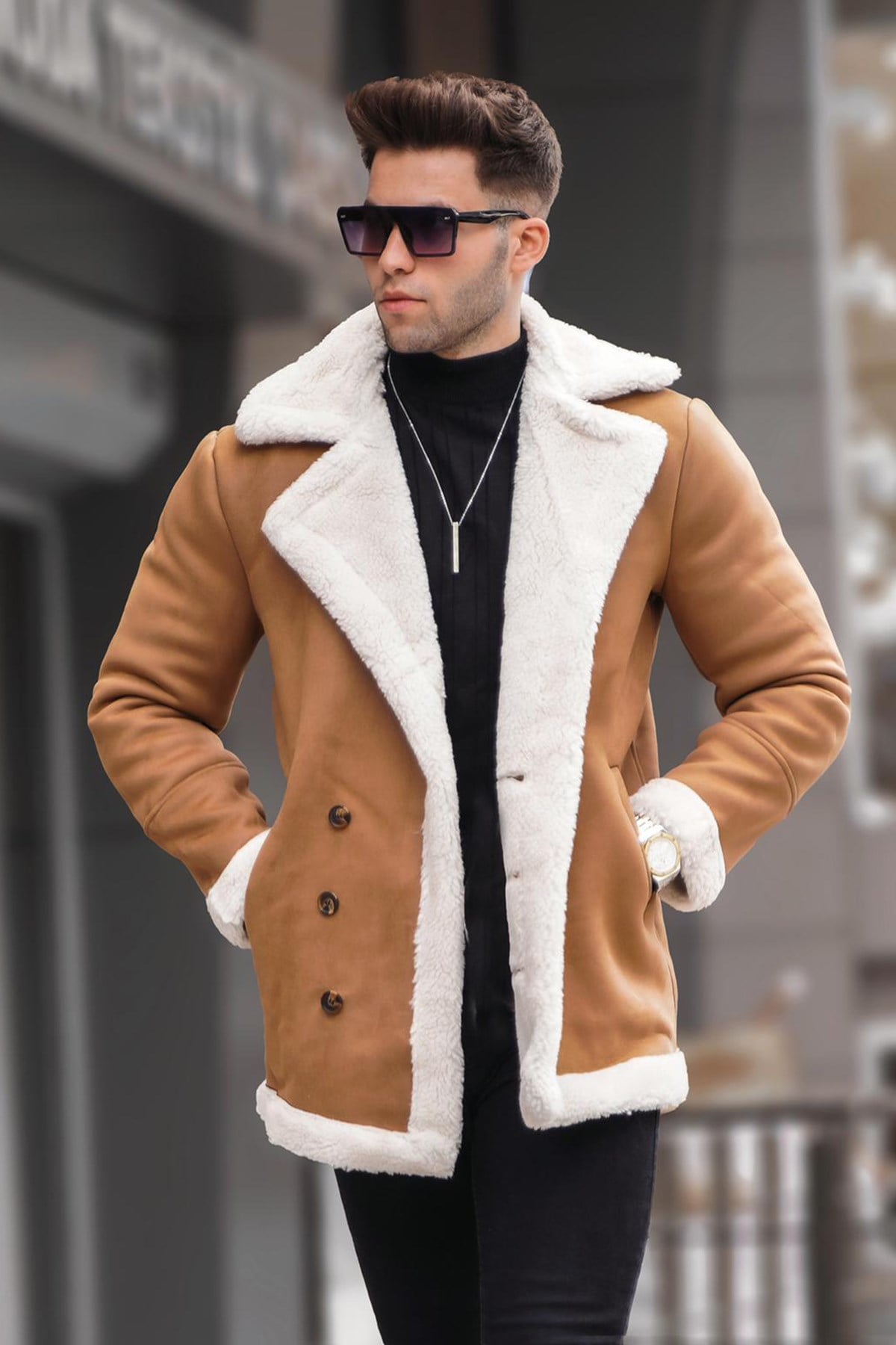 Madmext Camel Kürklü Erkek Kaban 5621