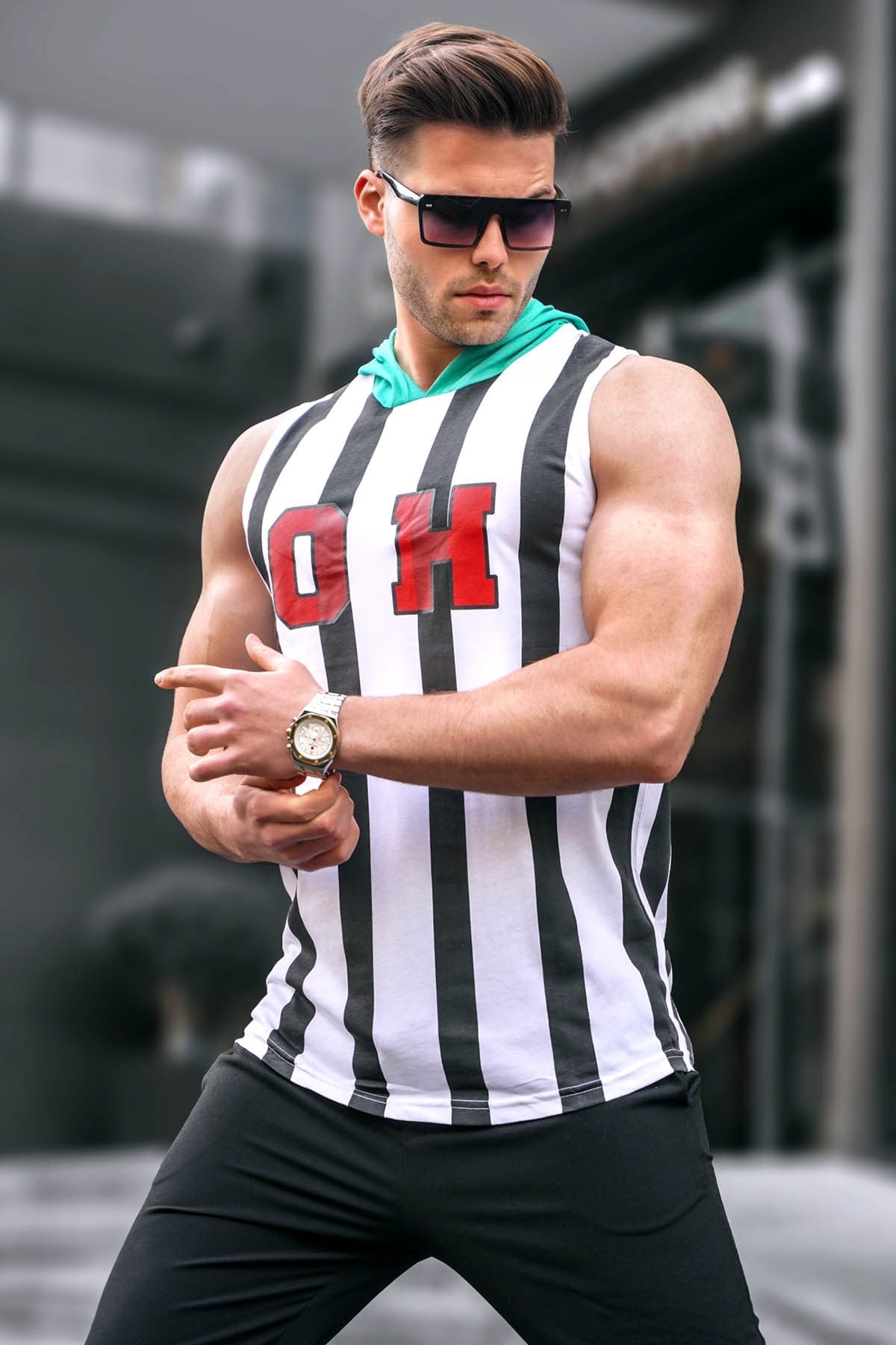 Madmext Black-White Striped T-shirt with Hood for Men 4024 