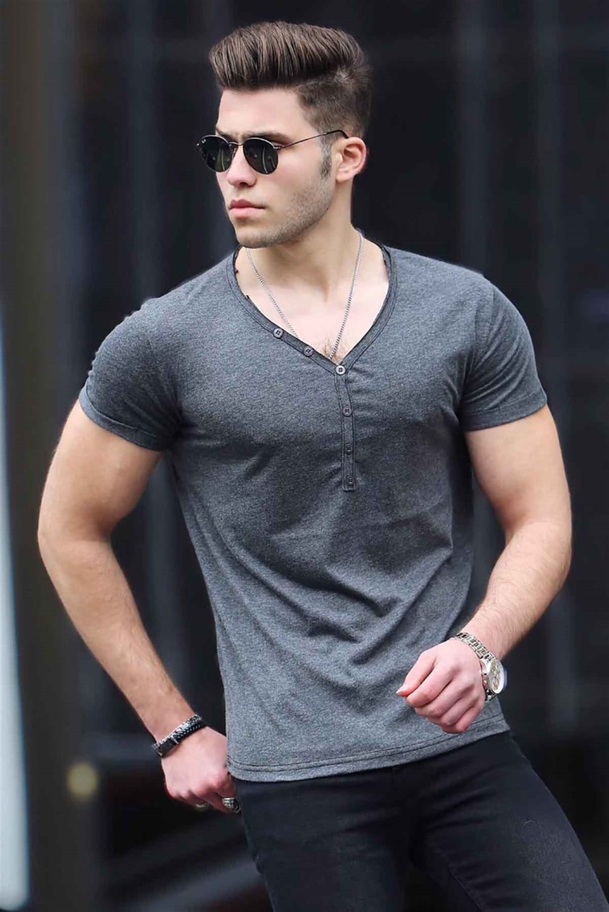 Madmext Düğmeli Antrasit Basic Tişört 4052