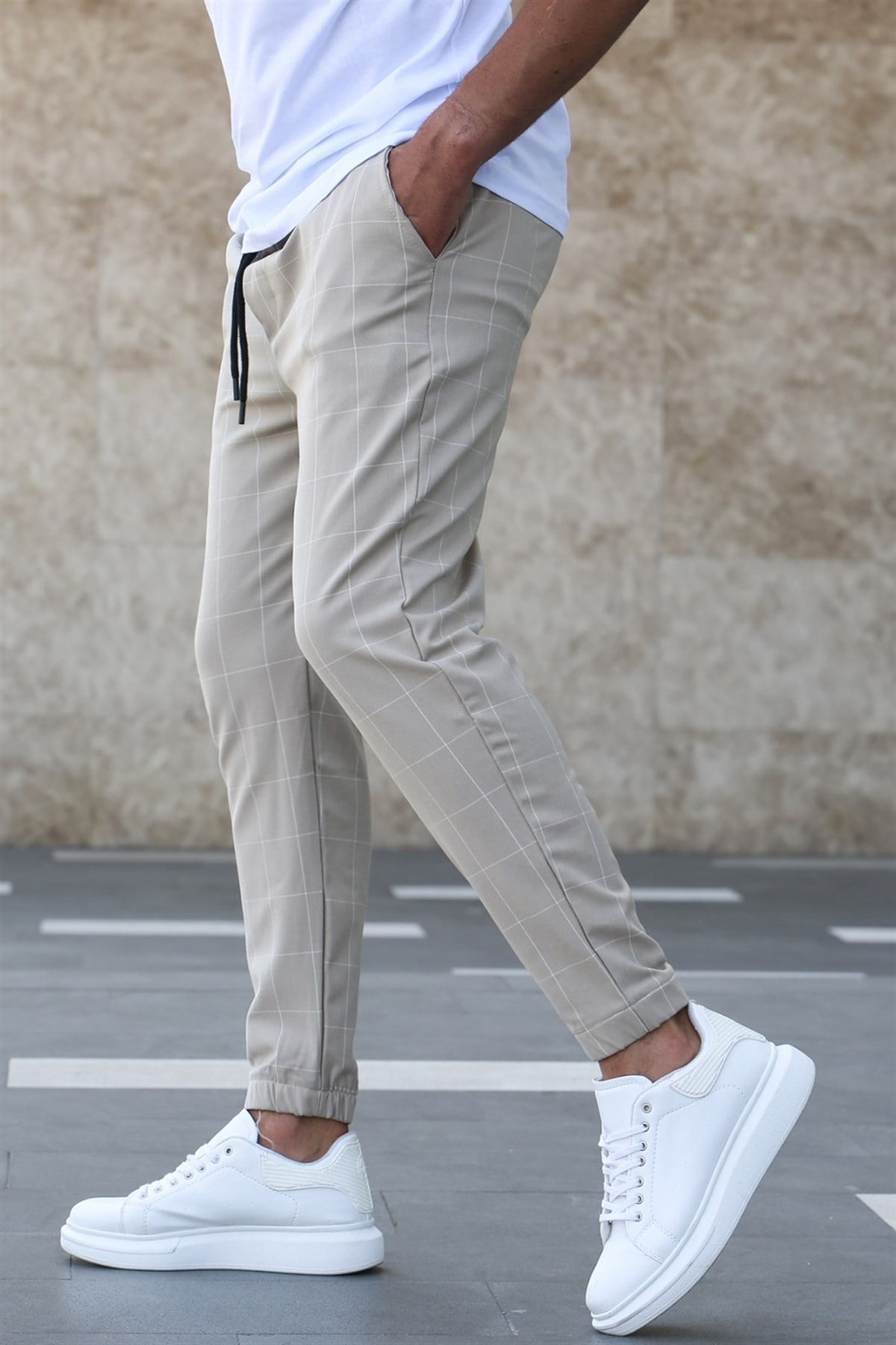 Madmext Cream Checked Trousers Mad4081