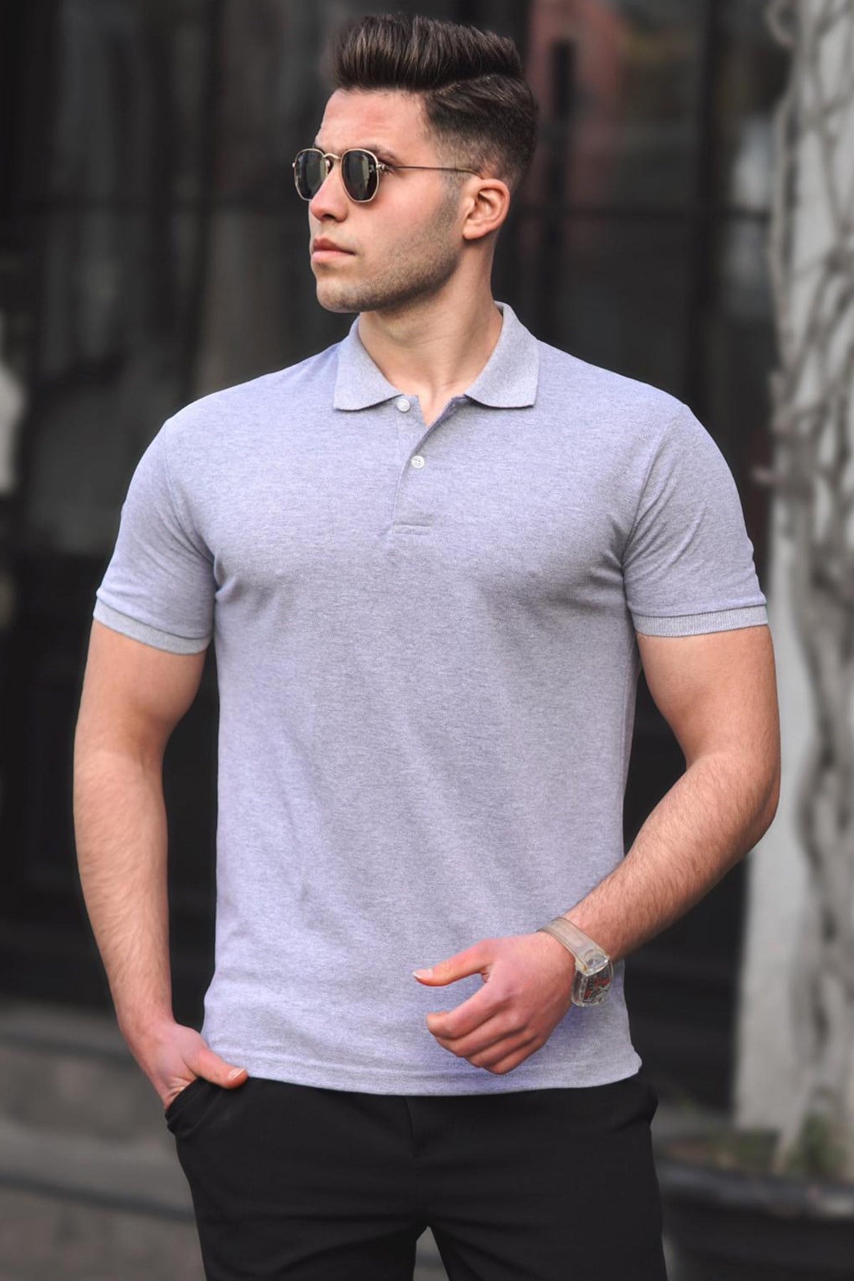 Madmext Gri Basic Polo Yaka Erkek Tişört 5101