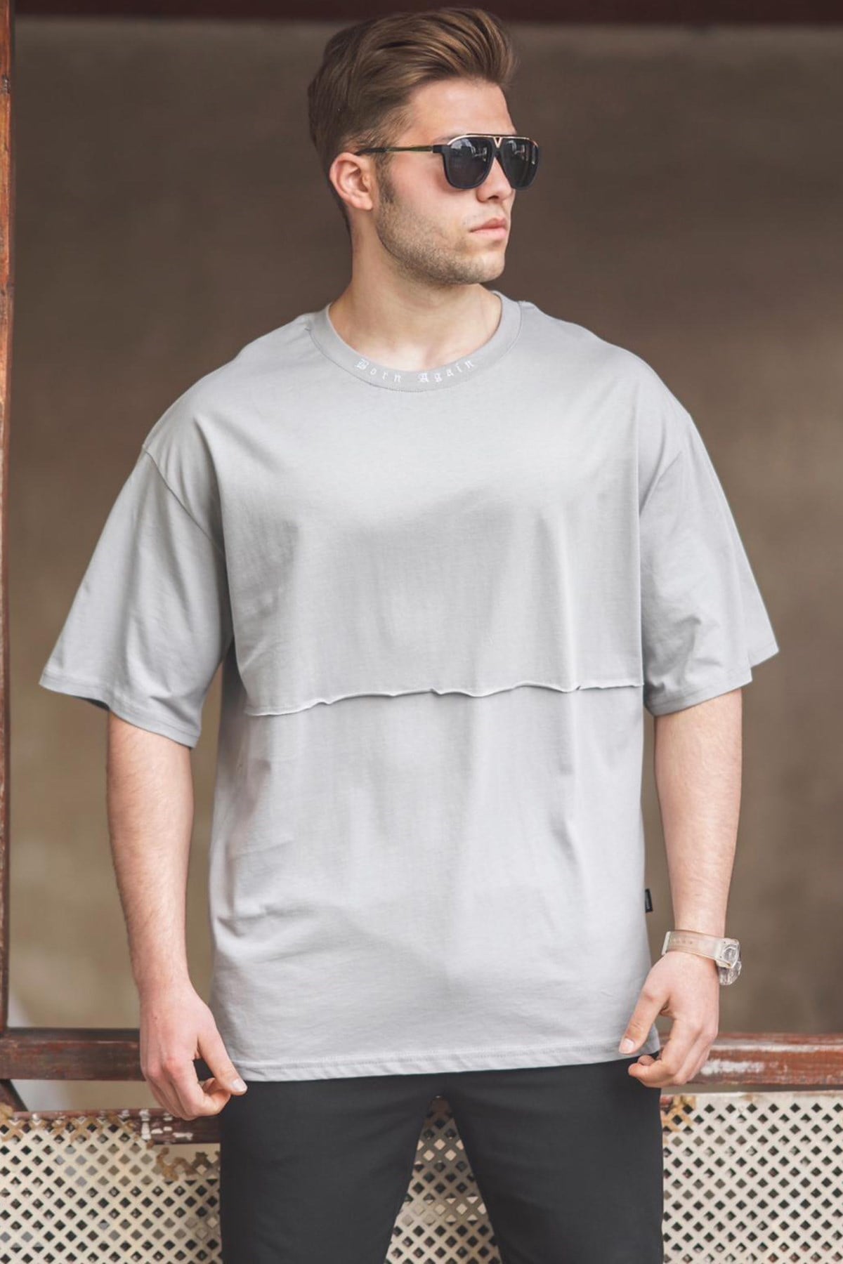 Madmext Gri Oversize Erkek Baskılı Tişört 5250