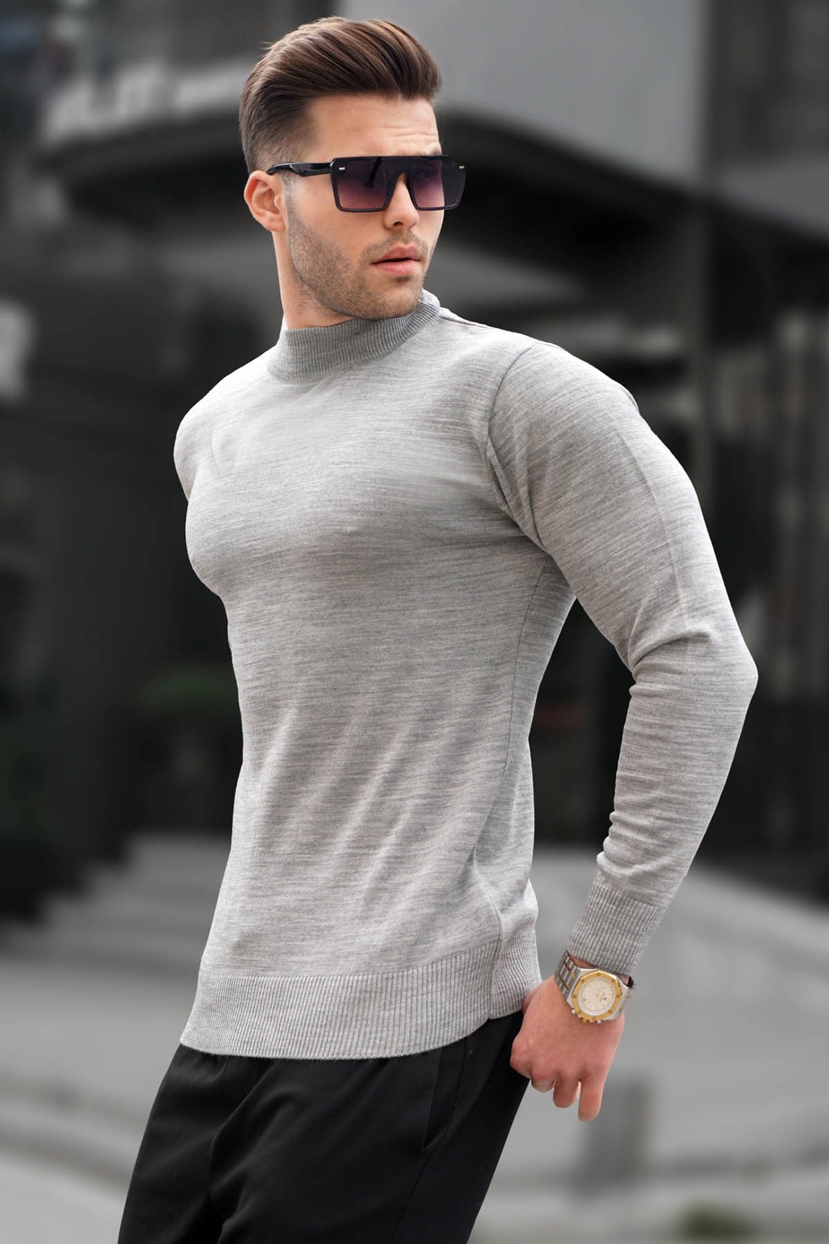 Madmext Gri Slim Fit Yarım Balıkçı Yaka Erkek Triko Kazak 6343