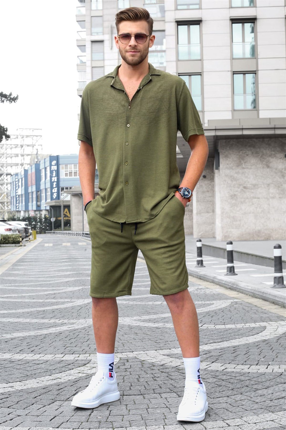 Madmext Haki Oversize Erkek Gömlek Takımı 5670