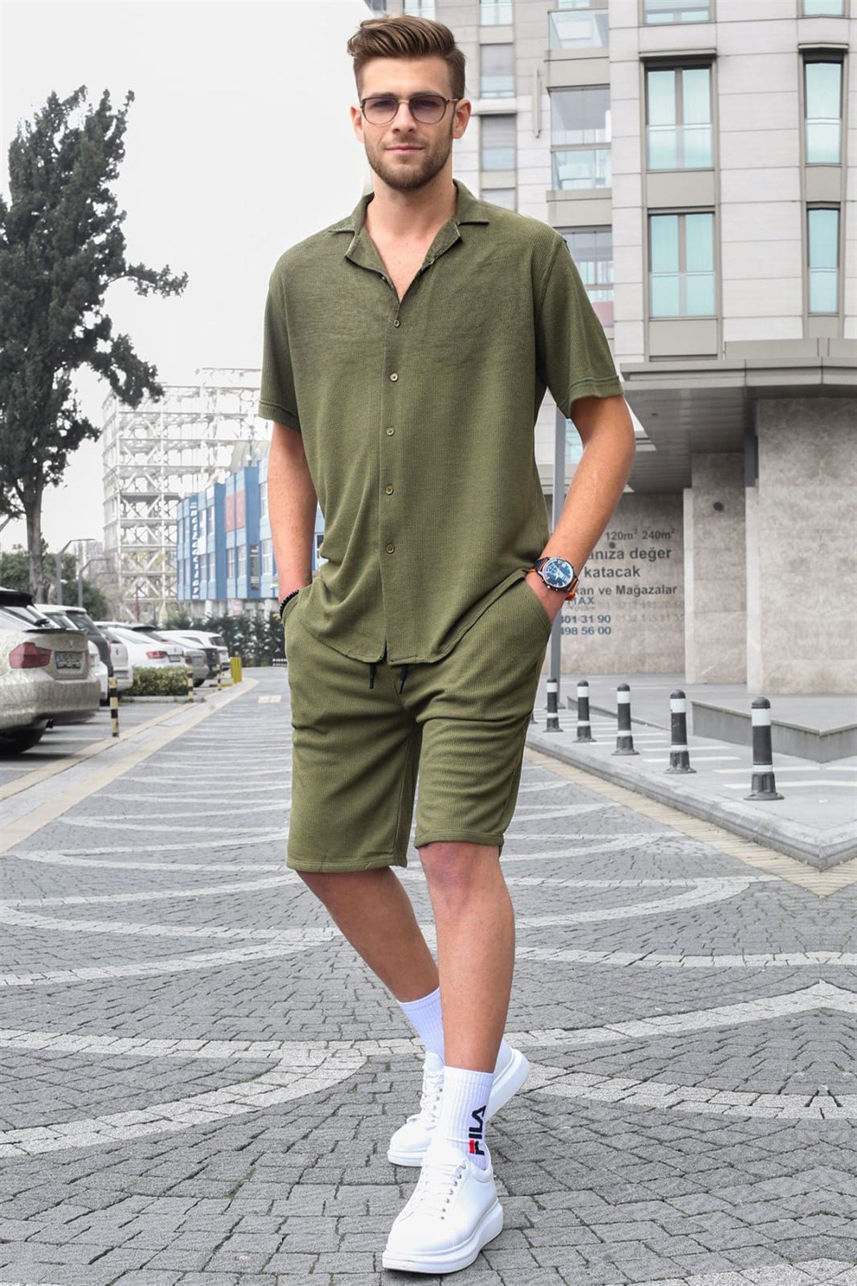 Madmext Haki Oversize Erkek Gömlek Takımı 5670