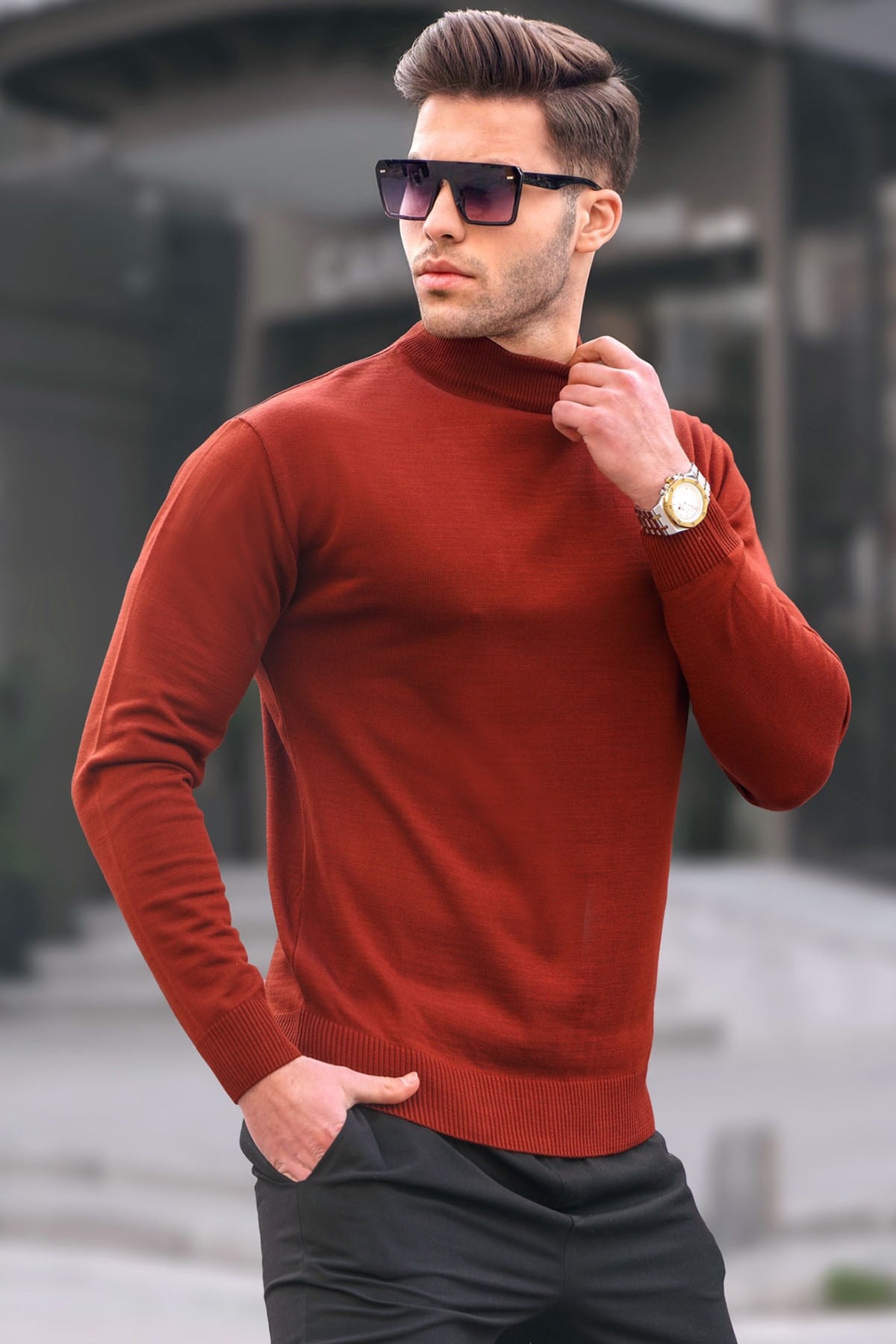 Madmext Kiremit Slim Fit Yarım Balıkçı Yaka Erkek Triko Kazak 6343