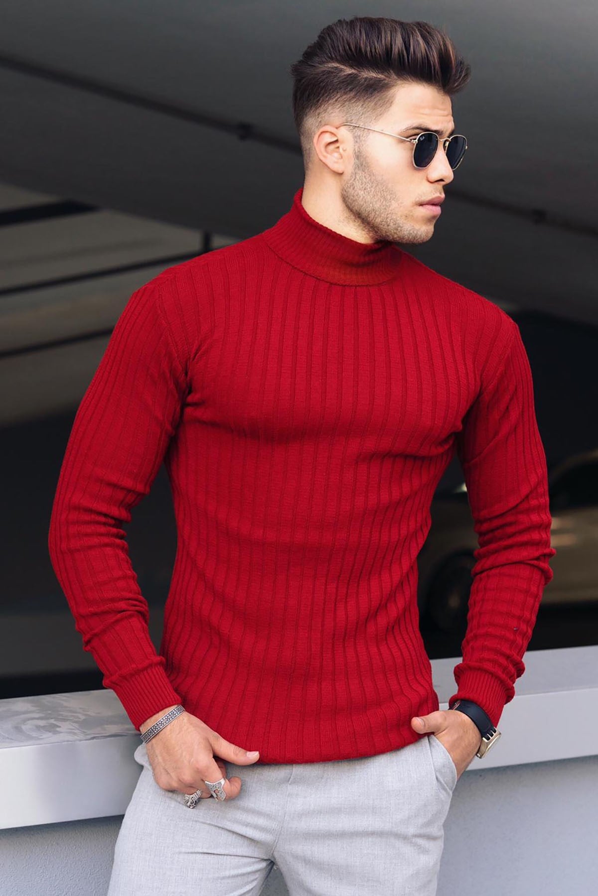 Madmext Red Turtleneck Men Jumper 9419