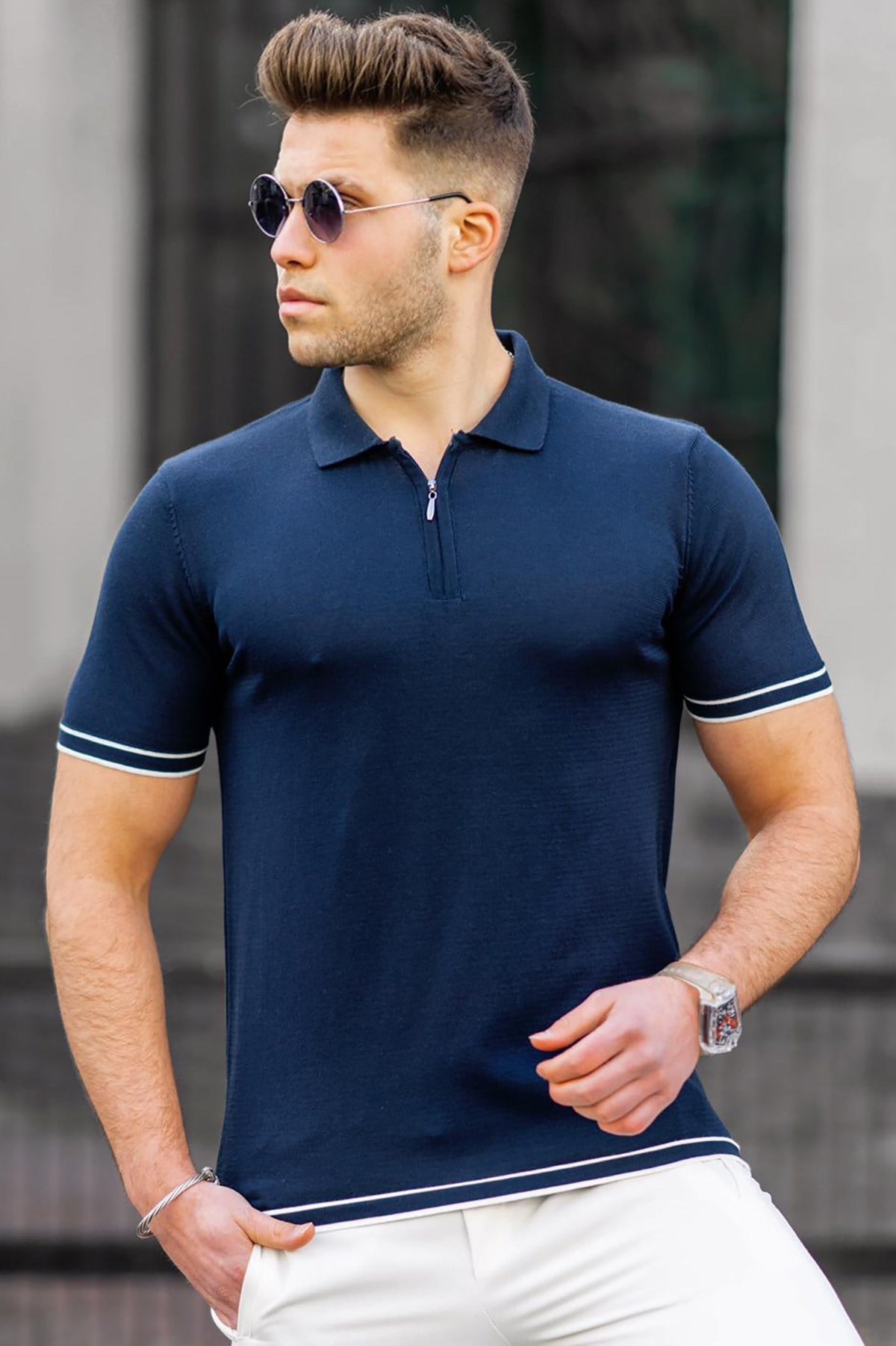 Madmext Lacivert Polo Yaka Erkek Tişört 5090