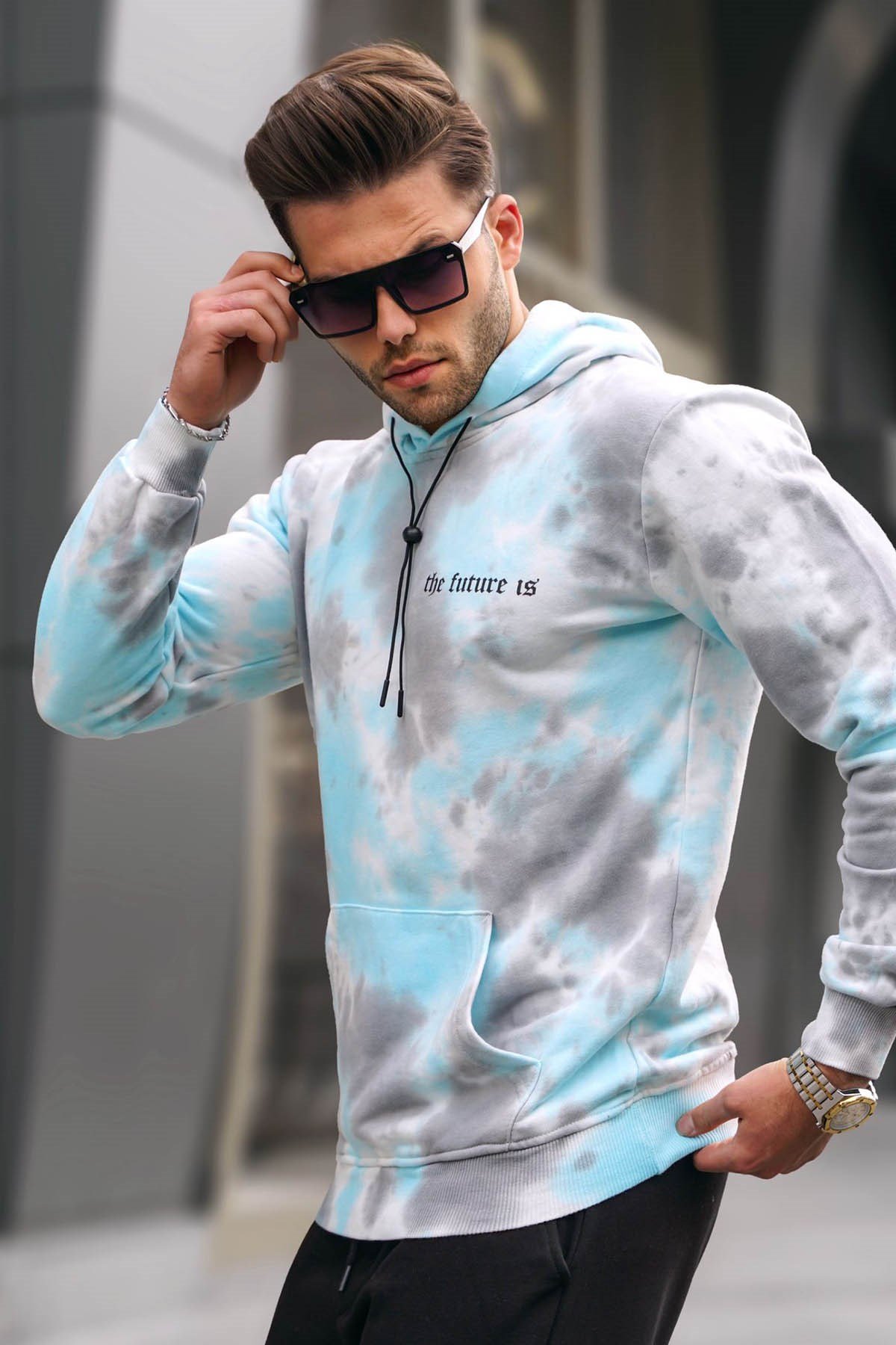 Madmext Blue Tie-Dye Hooded Men Sweatshirt 4759